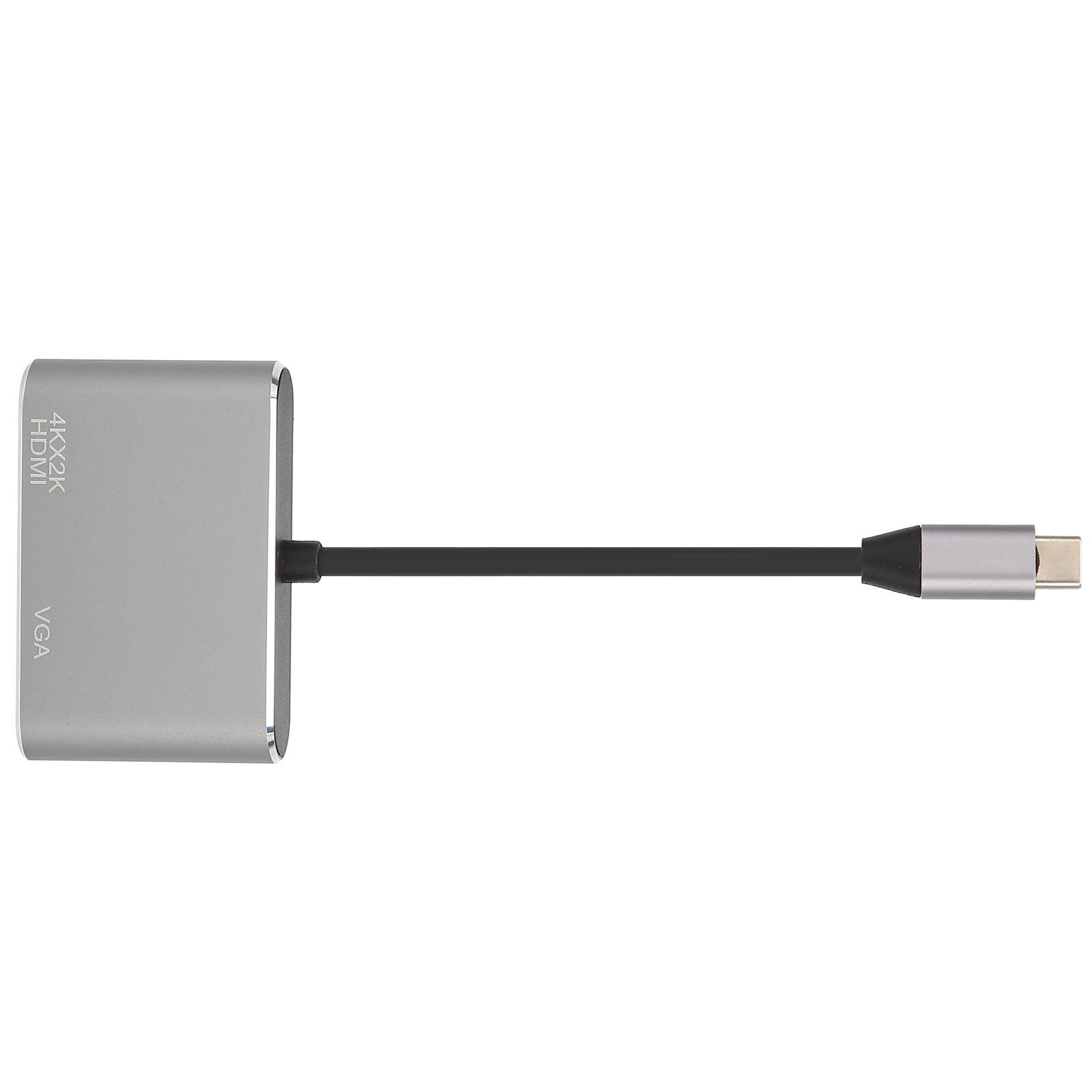 Silberner Adapter mit schwarzem Kabel. Der Adapter hat HDMI-, VGA-Etiketten. Rechts befindet sich ein USB-C-Anschluss.