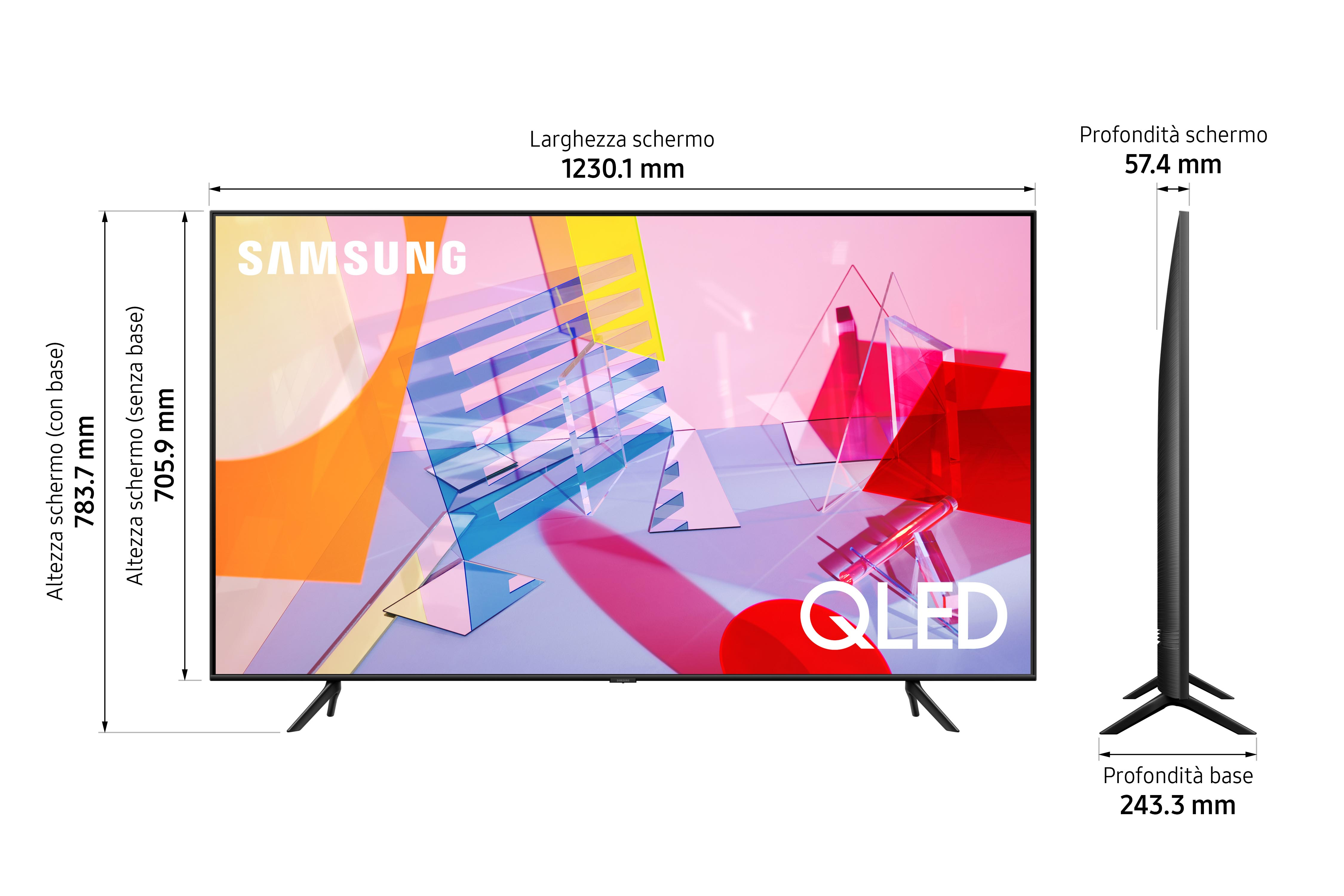 Un televisore Samsung QLED con dimensioni indicate. Mostra larghezza, profondità e altezza dello schermo con e senza base.