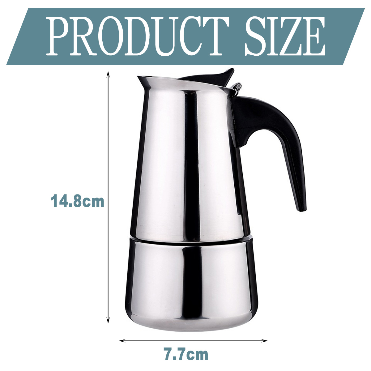 Eine Kaffeemaschine aus Edelstahl mit schwarzem Griff. Sie ist mit 'PRODUKTGRÖSSE' beschriftet und zeigt die Maße: 14,8 cm Höhe und 7,7 cm Breite.