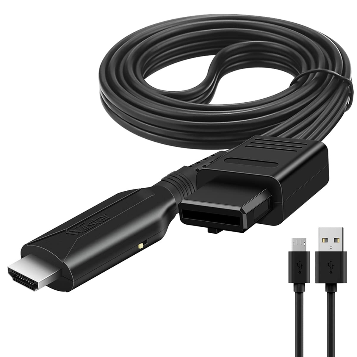 Schwarzes Videospielkabel mit mehreren Anschlüssen, darunter HDMI, ein Konsolenanschluss und USB-Kabel, auf weißem Hintergrund.