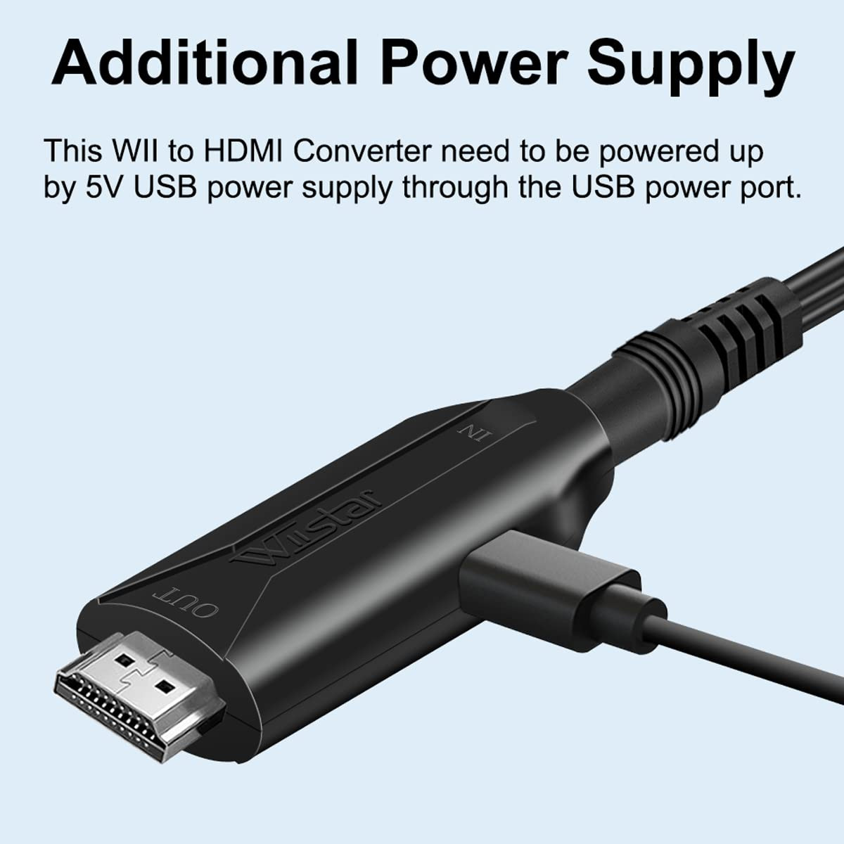 Schwarzer Wistar HDMI-Konverter mit USB-Stromkabel. Text: Zusätzliche Stromversorgung. OUT- und IN-Anschlüsse sichtbar.