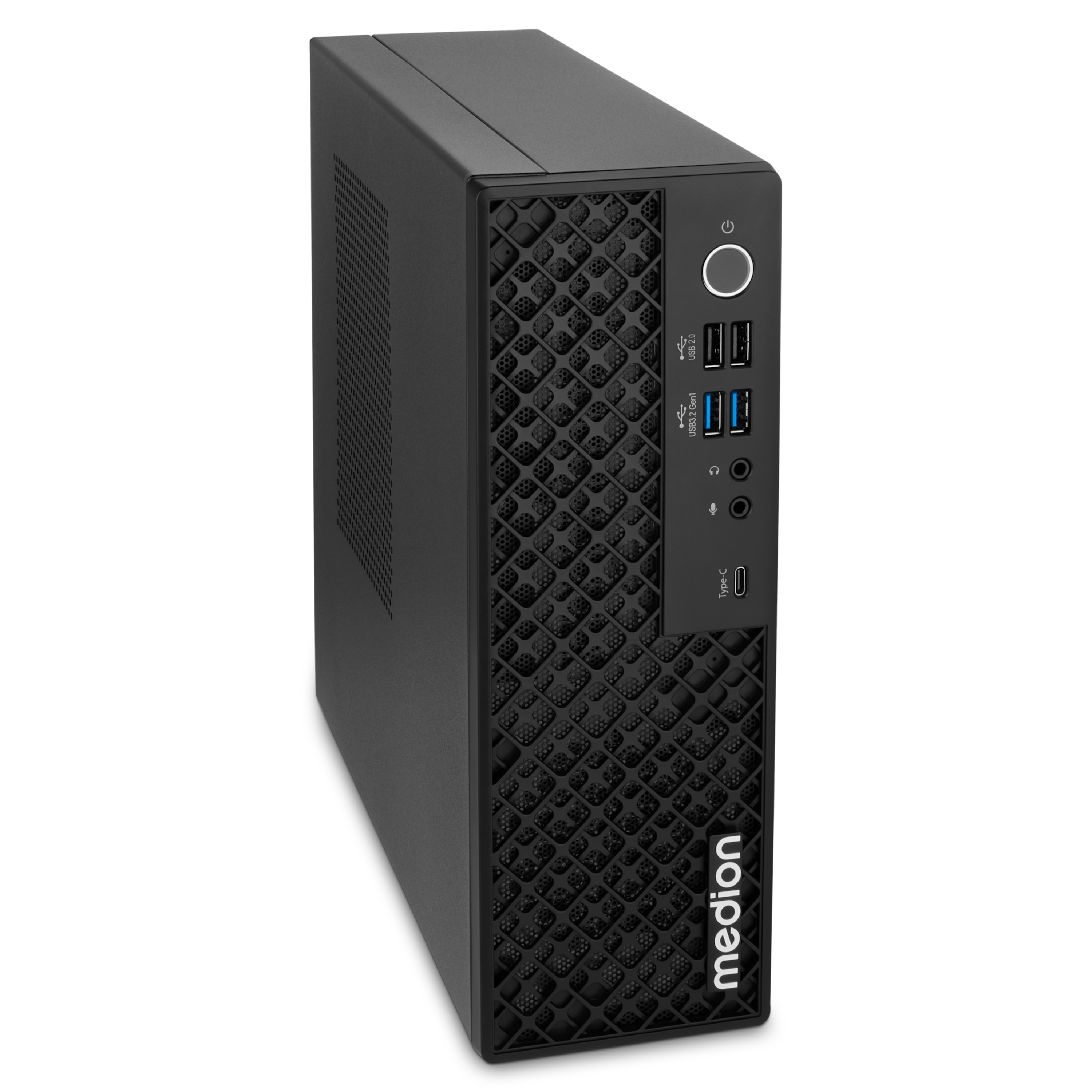 Un computer desktop Medion nero. Ha un pannello frontale strutturato, porte USB e un pulsante di accensione. Sfondo bianco.