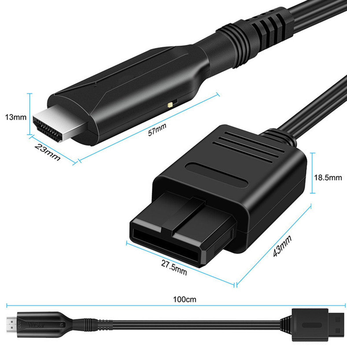 Schwarzes HDMI-zu-SNES-Kabel. Das Kabel ist 100 cm lang. Maße werden angezeigt, und der Hintergrund ist weiß.