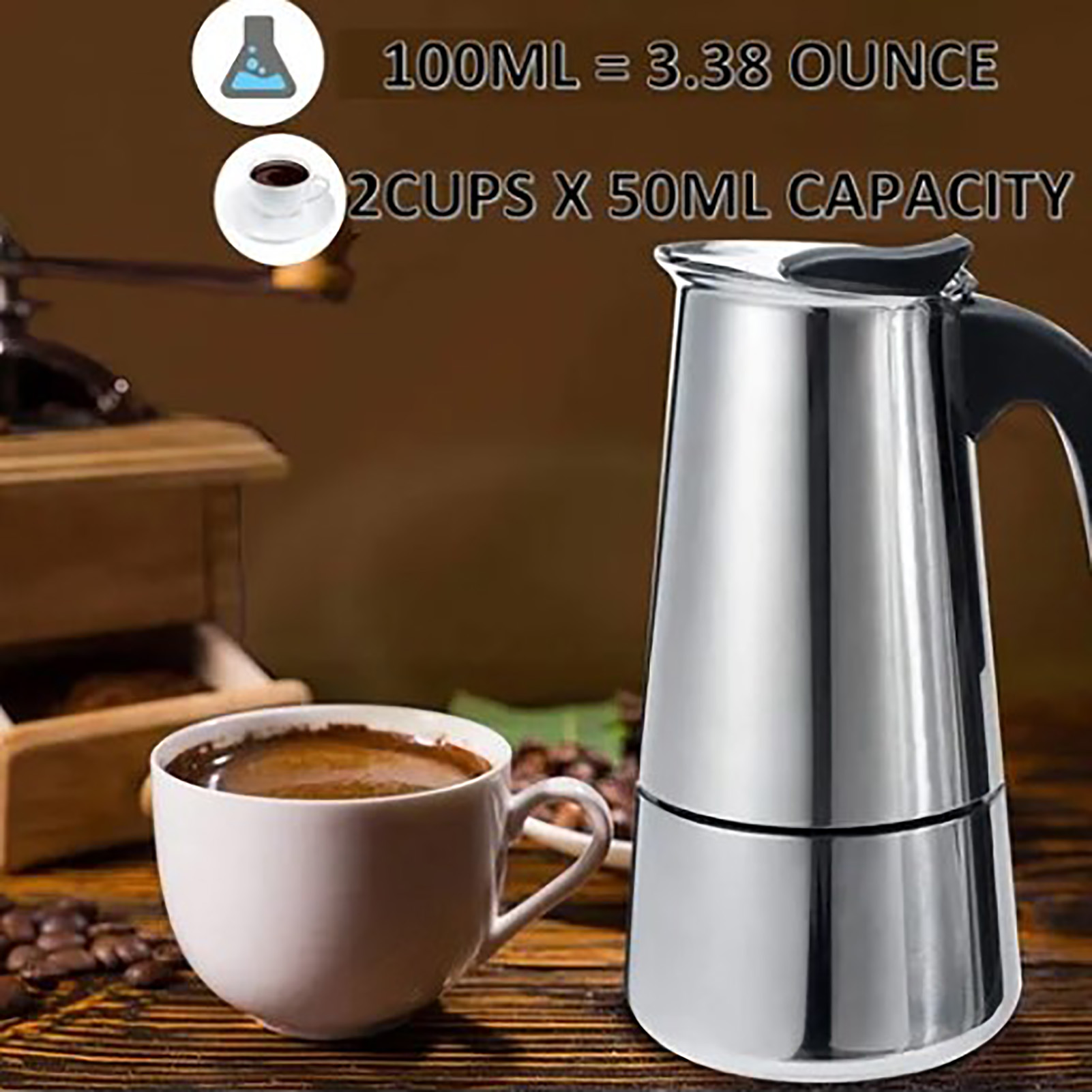 Kaffeemaschine mit Kaffeetasse, Kaffeebohnen und einer Mühle. Text oben zeigt Maße.
