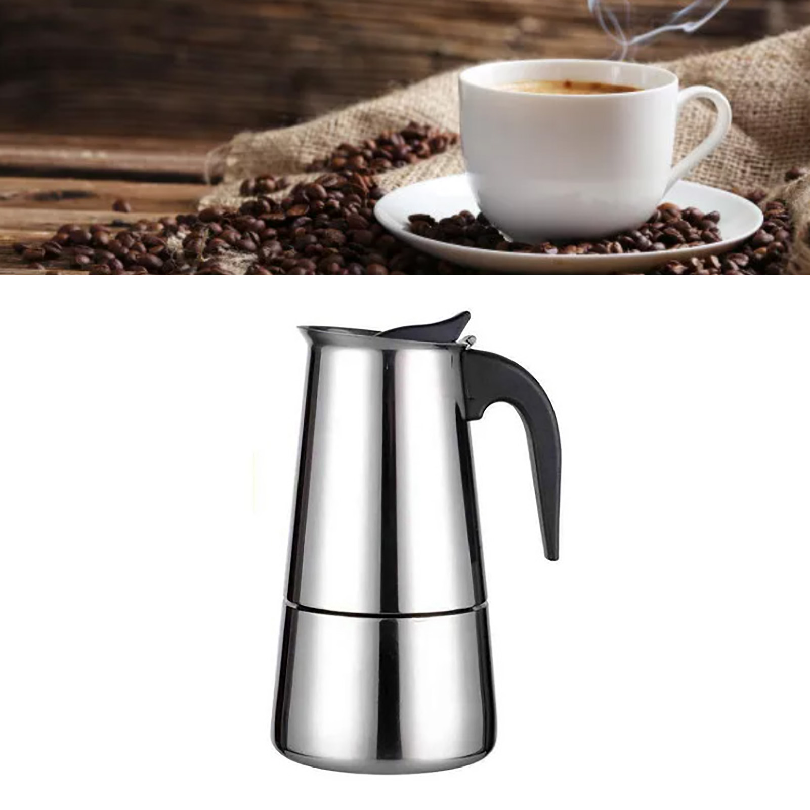 Oben: Kaffeetasse, Bohnen. Unten: Kaffeemaschine aus Edelstahl. Weißer Hintergrund.