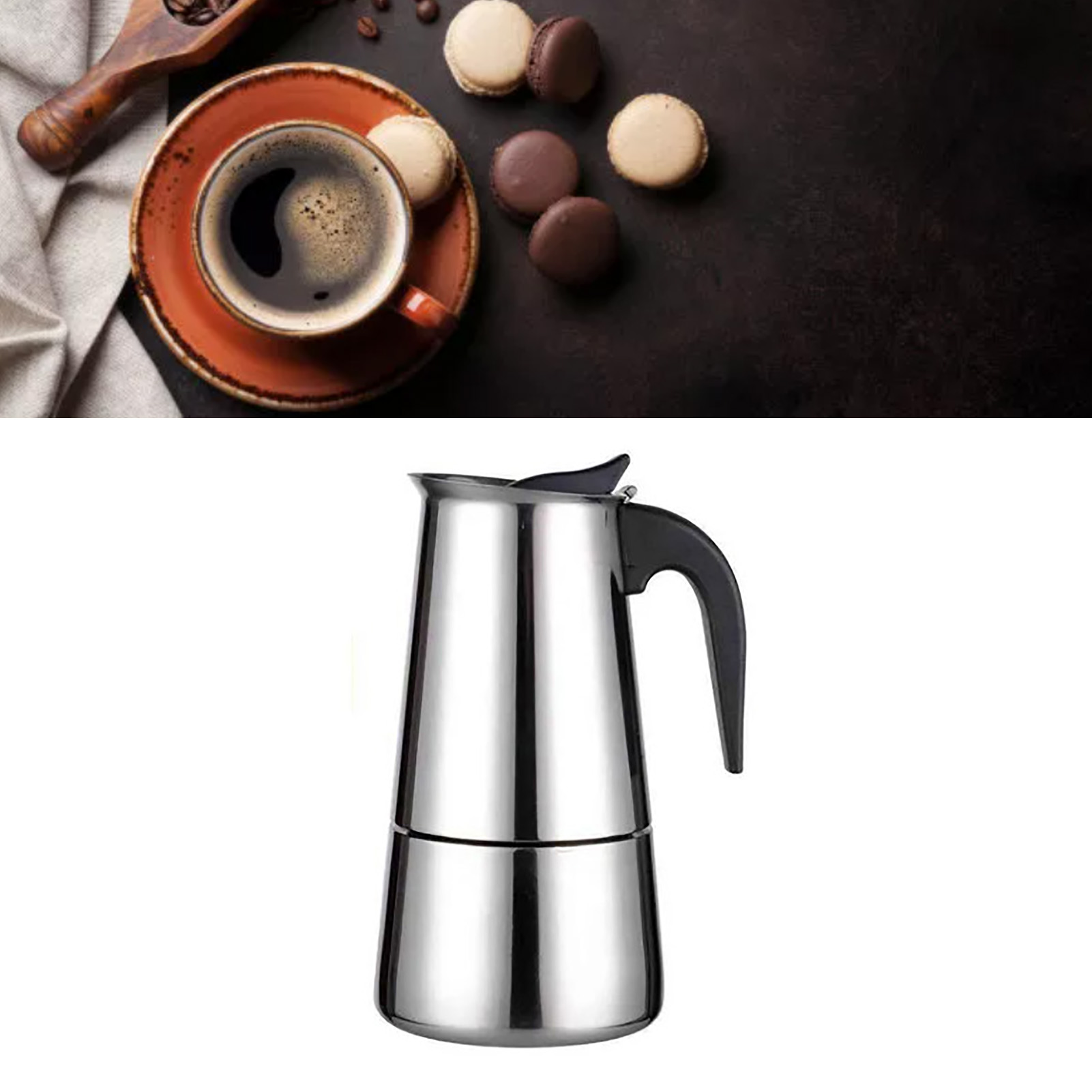 Kaffeetasse auf Untertasse mit Makronen. Unten ein Kaffeezubereiter aus Edelstahl auf weißem Grund.