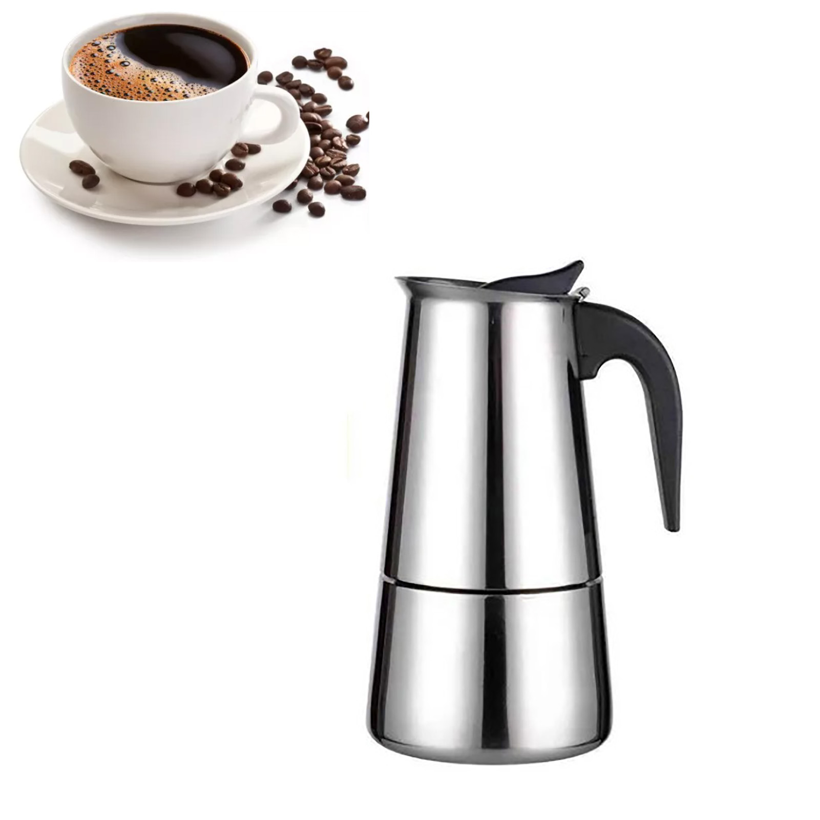 Eine Tasse Kaffee mit Schaum und Kaffeebohnen links, ein Kaffeezubereiter aus Stahl rechts, alles auf Weiß.