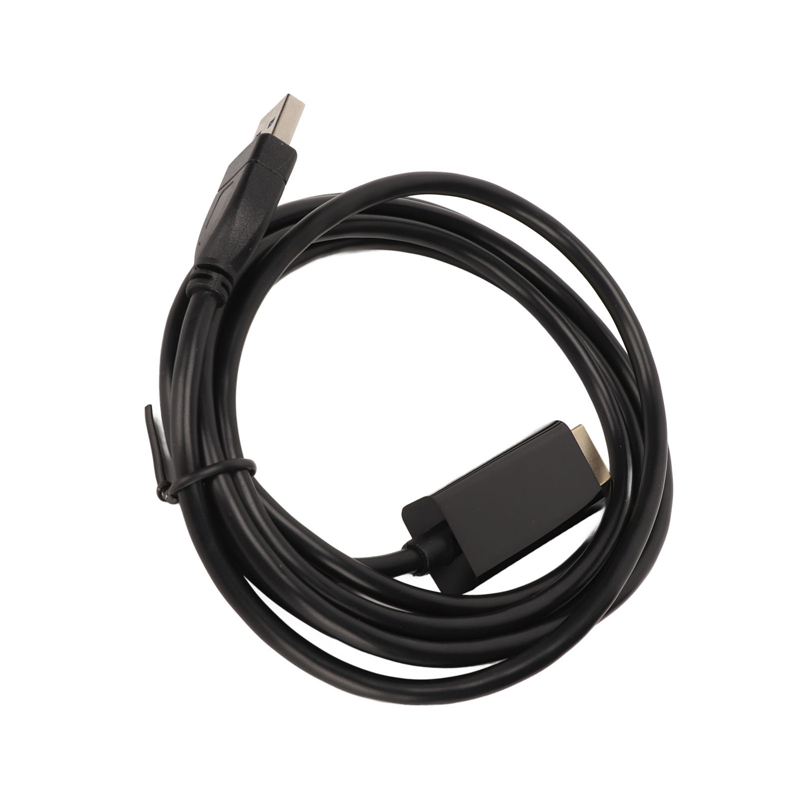 Schwarzes USB-zu-HDMI-Kabel, aufgerollt. Ein Ende hat einen USB-Anschluss, das andere einen HDMI-Anschluss, beide schwarz. Weißer Hintergrund.