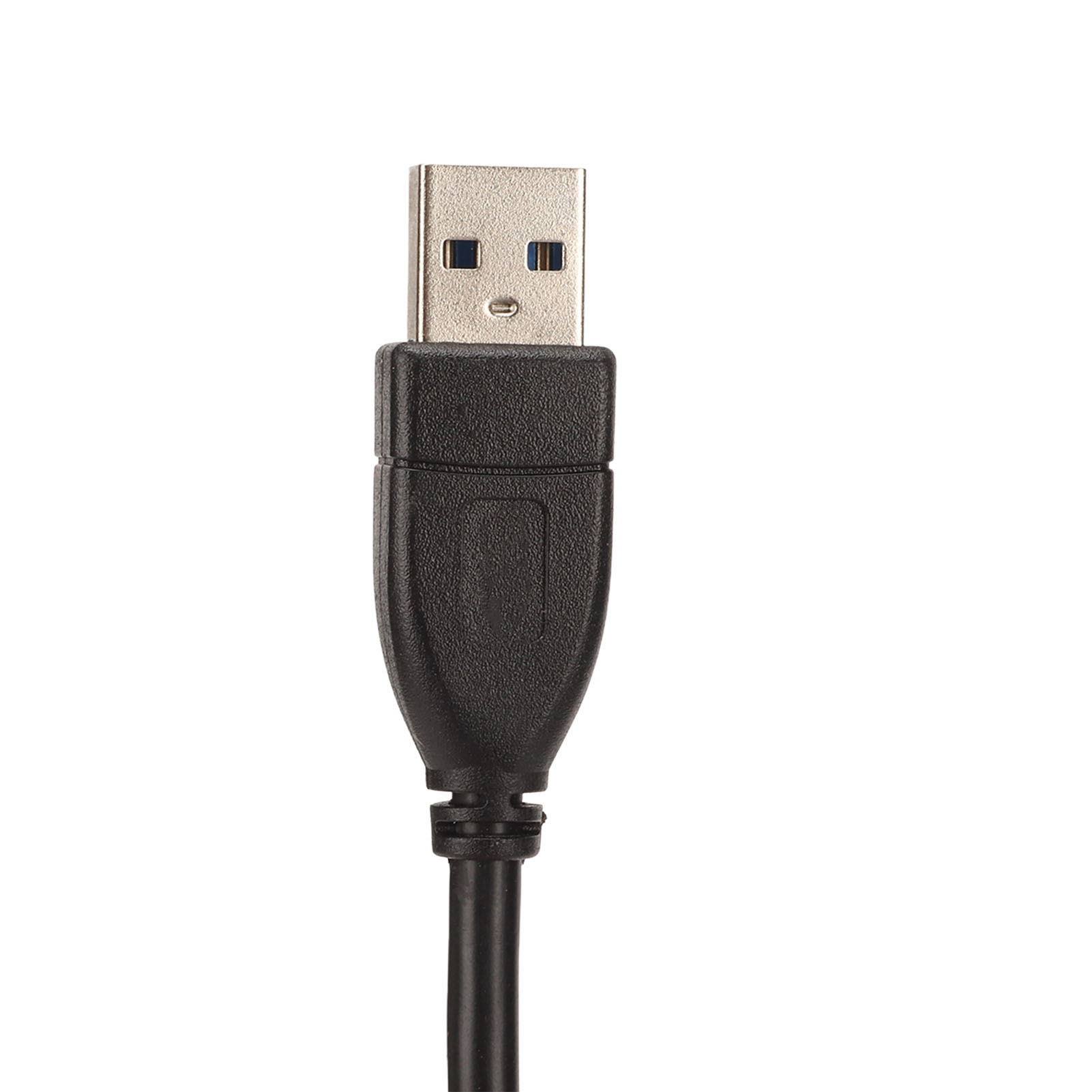 Nahaufnahme eines USB-Kabels mit silbernem Stecker und schwarzem Kabel vor weißem Hintergrund.