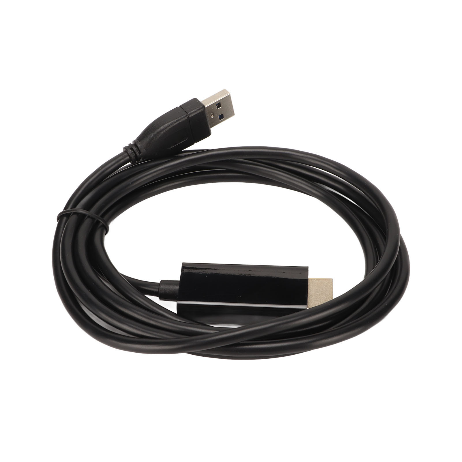 Schwarzes USB-zu-HDMI-Kabel auf weißem Hintergrund. Das Kabel bildet eine kreisförmige Form.
