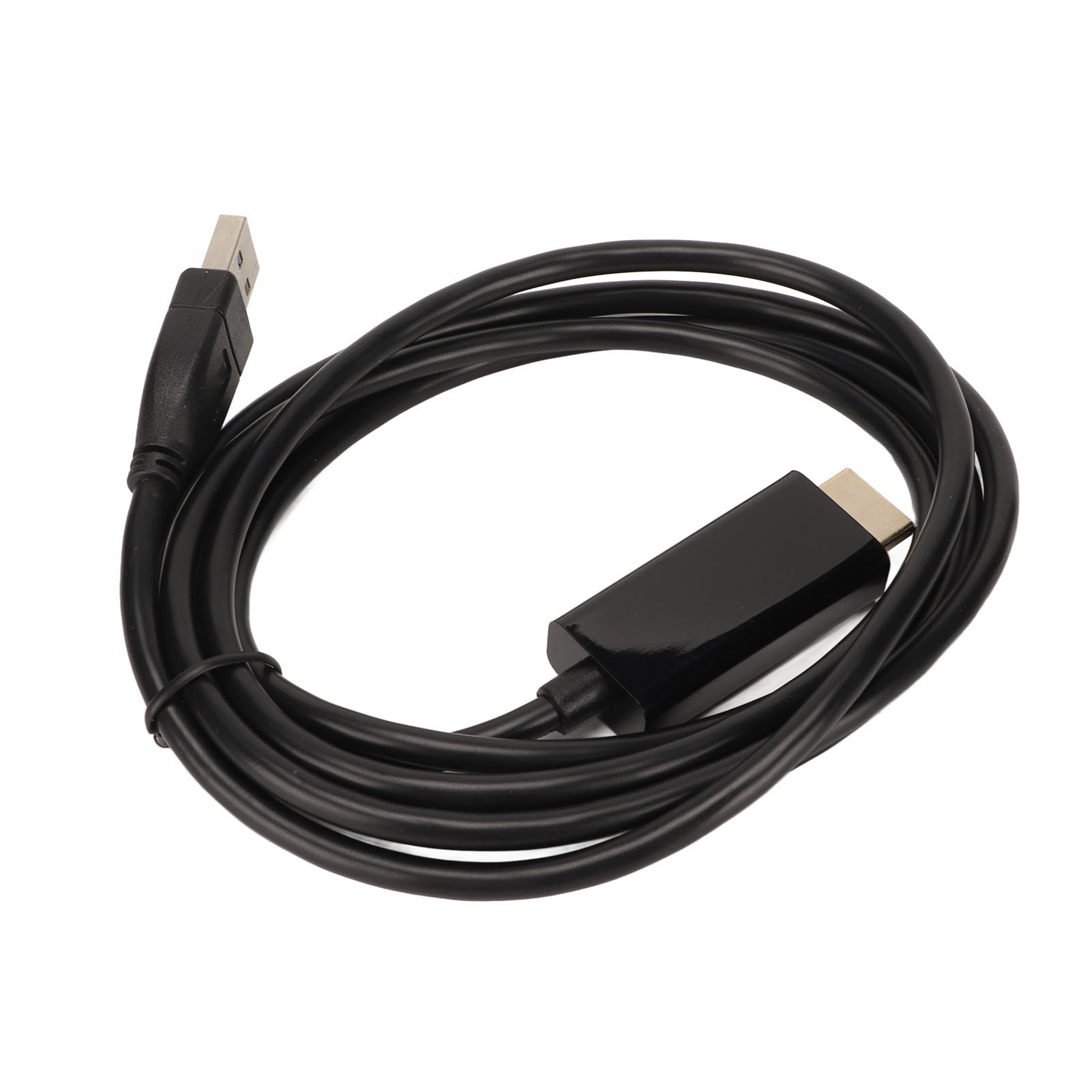 Ein schwarzes USB-Kabel mit einem USB-Anschluss an einem Ende und einem HDMI-Anschluss am anderen, auf weißem Hintergrund.