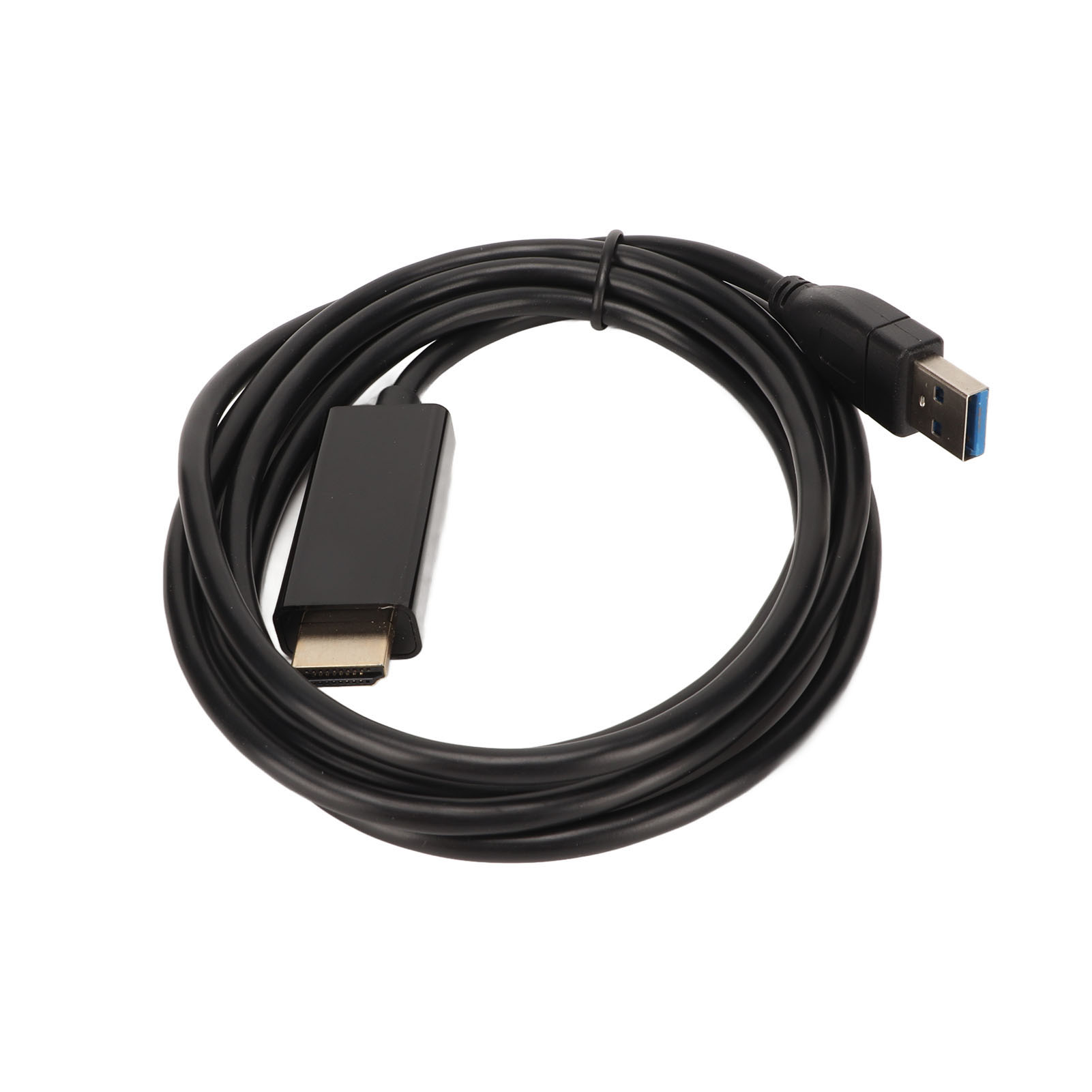 Ein schwarzes HDMI-zu-USB-Kabel auf weißem Hintergrund. Das Kabel ist aufgerollt. Ein Ende hat einen USB-Anschluss, das andere HDMI.