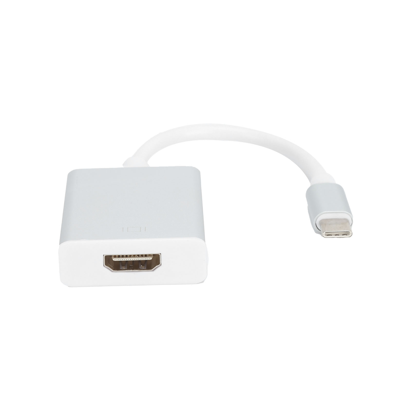 Ein weiß-silberner HDMI-zu-USB-C-Adapter. Der Adapter hat ein weißes Kabel und einen USB-C-Anschluss. Der Hintergrund ist weiß.
