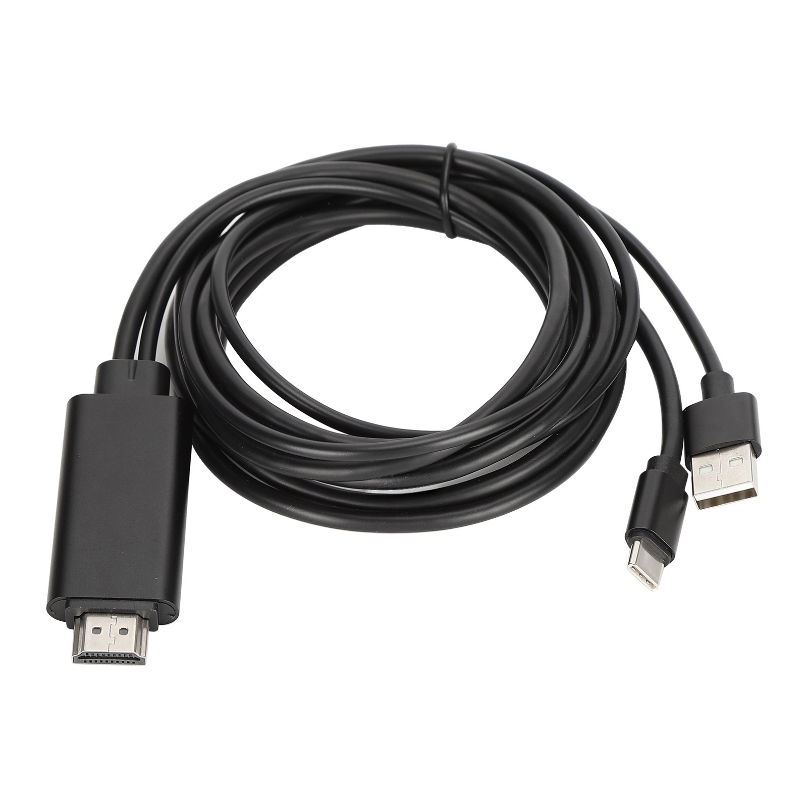 Ein schwarzes HDMI-Kabel mit USB- und USB-C-Anschluss ist auf weißem Hintergrund aufgerollt. Die Anschlüsse sind sichtbar.