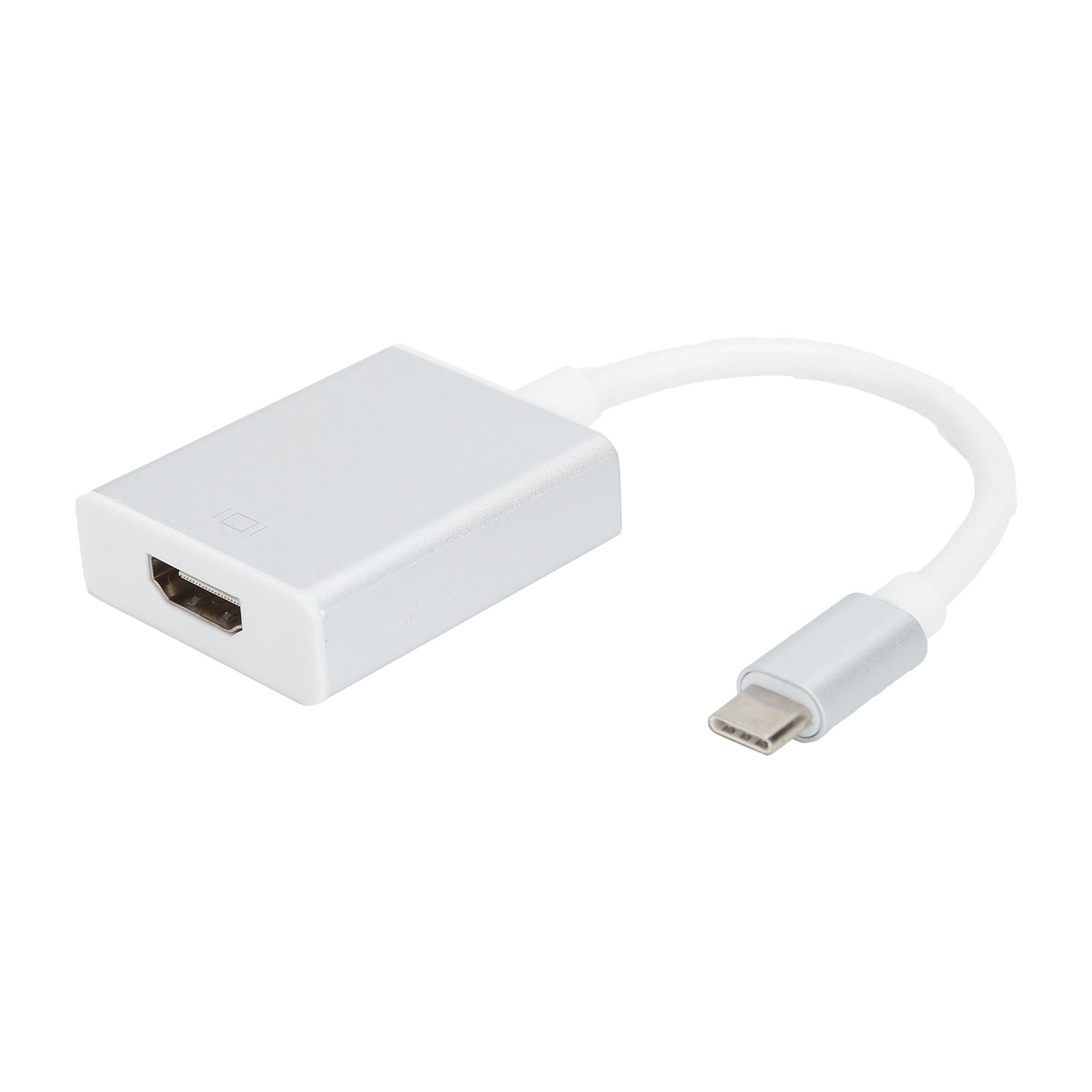 Silberner HDMI-zu-USB-C-Adapter. Er hat einen rechteckigen Körper mit einem HDMI-Anschluss und einem USB-C-Anschluss mit weißem Kabel.