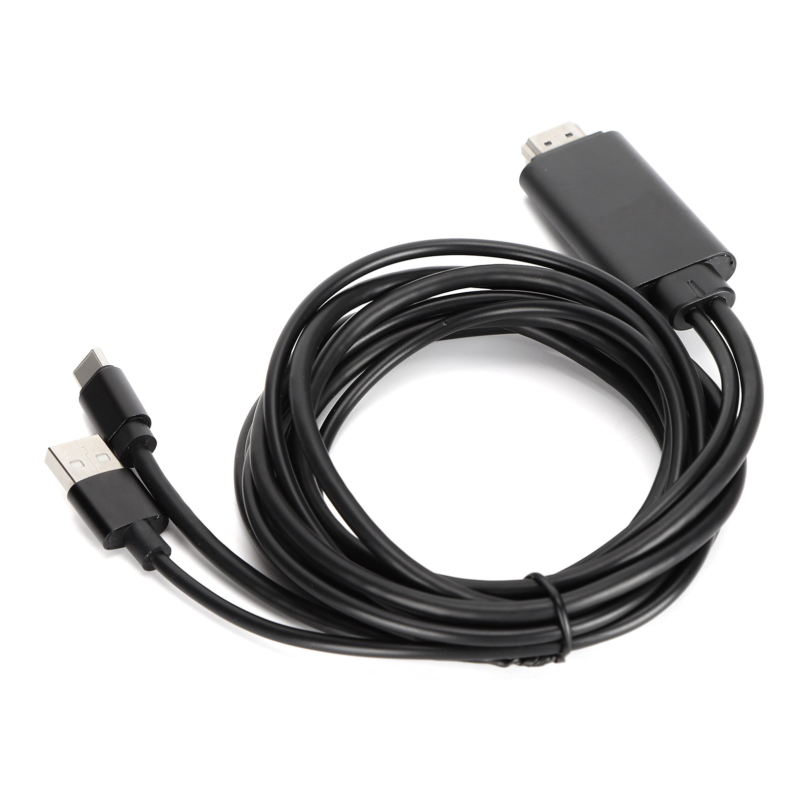 Schwarzes HDMI-zu-USB-C- und USB-Kabel, auf weißer Oberfläche aufgerollt. Anschlüsse an jedem Ende, mit schwarzer Box in der Mitte.