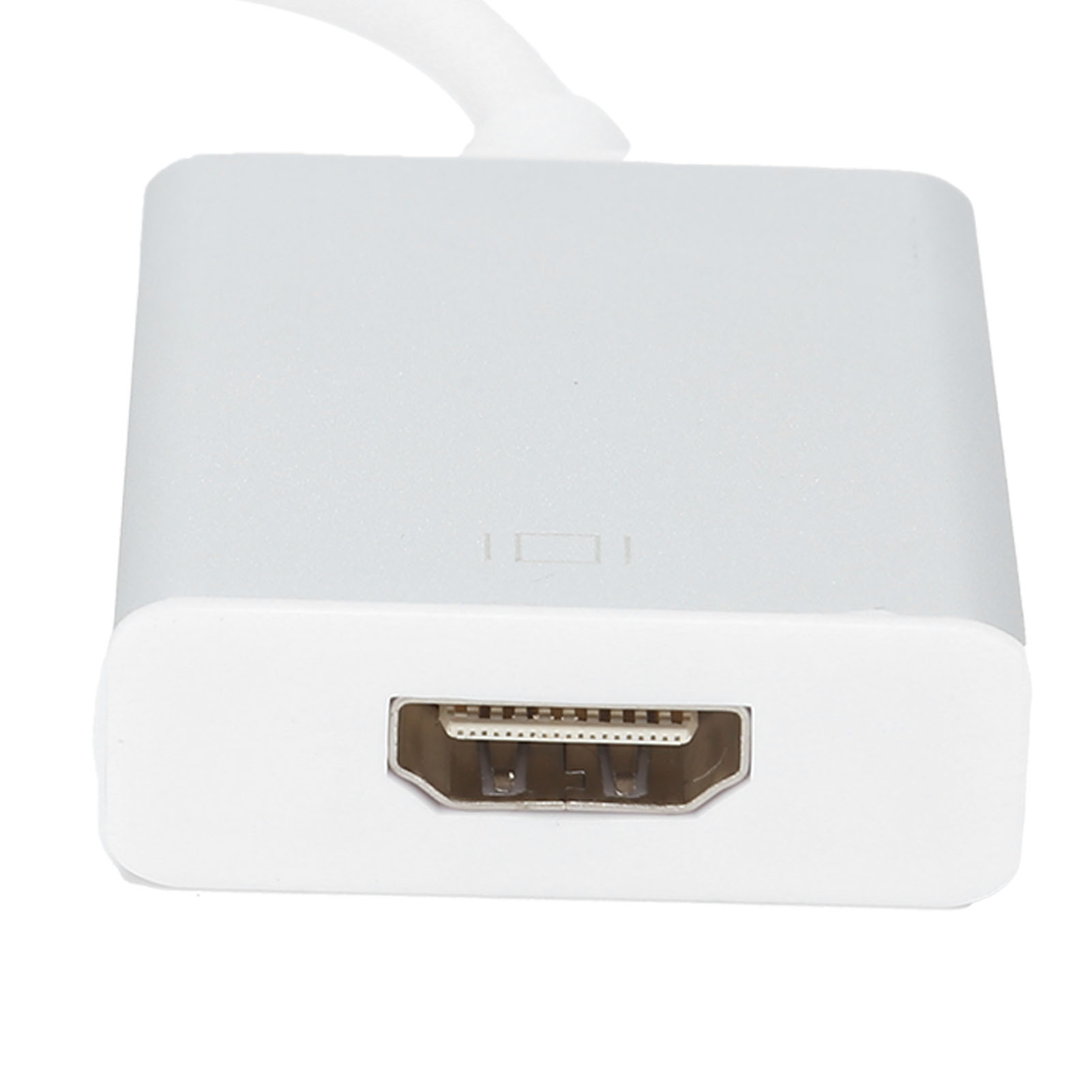 Ein weißer HDMI-Adapter. Er hat ein weißes Kabel, eine weiße Vorderseite und eine silberne Oberseite. Der HDMI-Anschluss ist sichtbar.