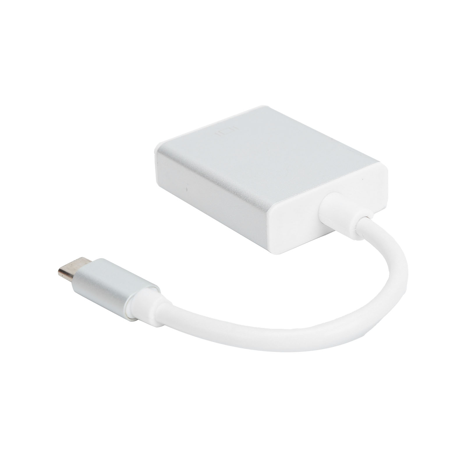 Ein silberner USB-C-Adapter auf weißem Hintergrund. Er hat einen rechteckigen Körper und ein weißes Kabel, das mit einem USB-C-Anschluss verbunden ist.