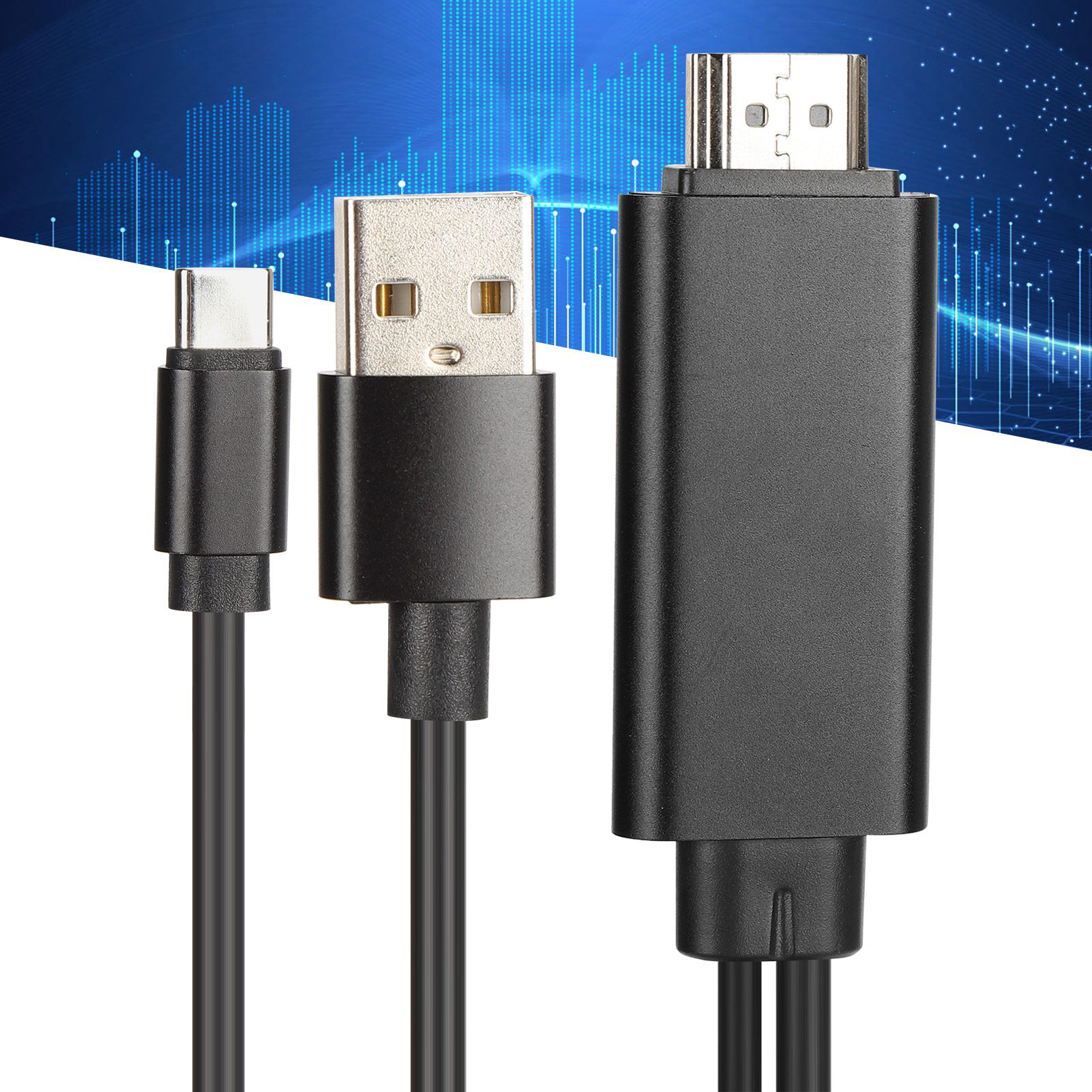 Drei schwarze Kabel mit verschiedenen Anschlüssen. Eines ist USB-C, eines USB-A und das letzte HDMI.