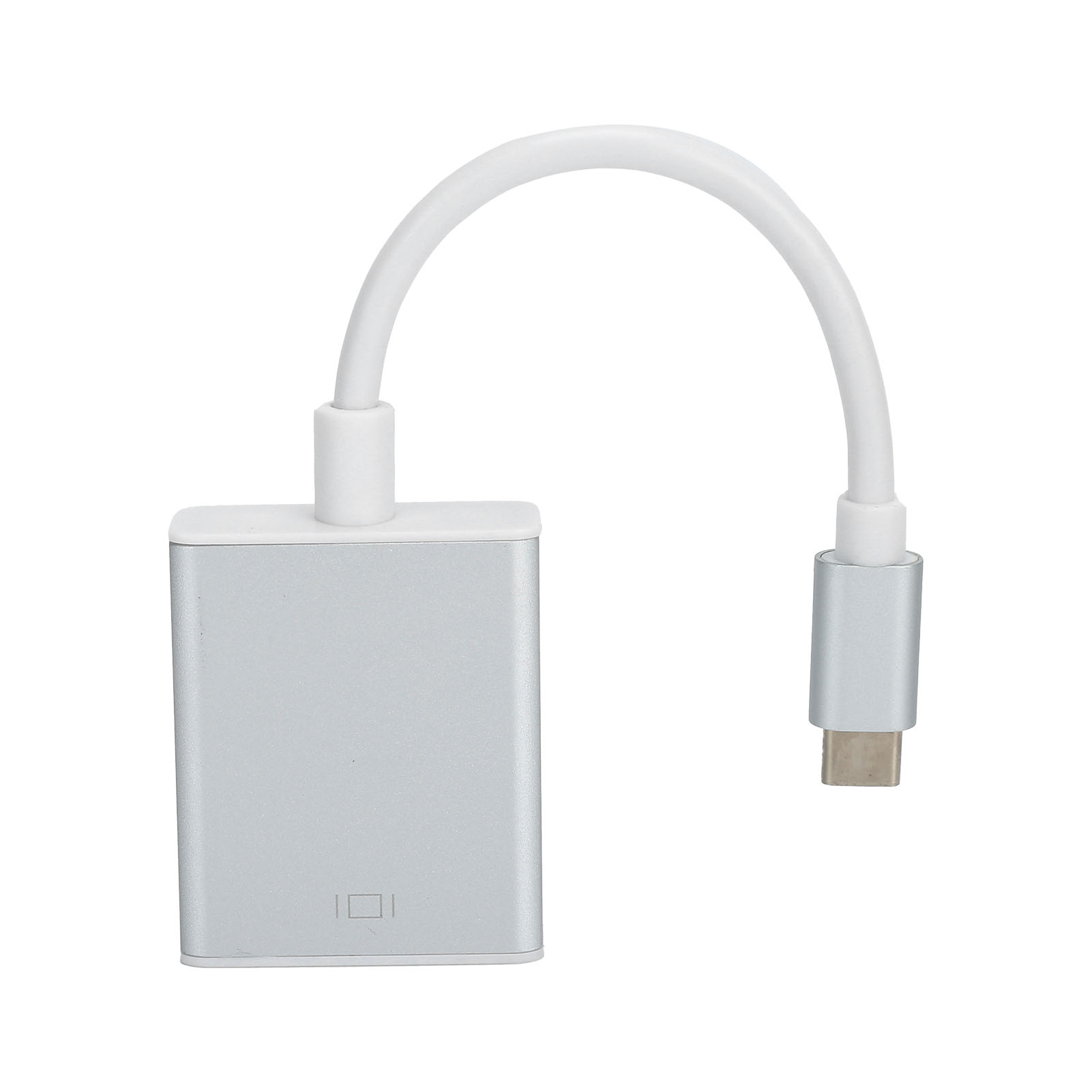 Silberner Adapter mit weißem Kabel, der einen rechteckigen Block mit einem USB-C-Anschluss verbindet, alles auf weißem Hintergrund.
