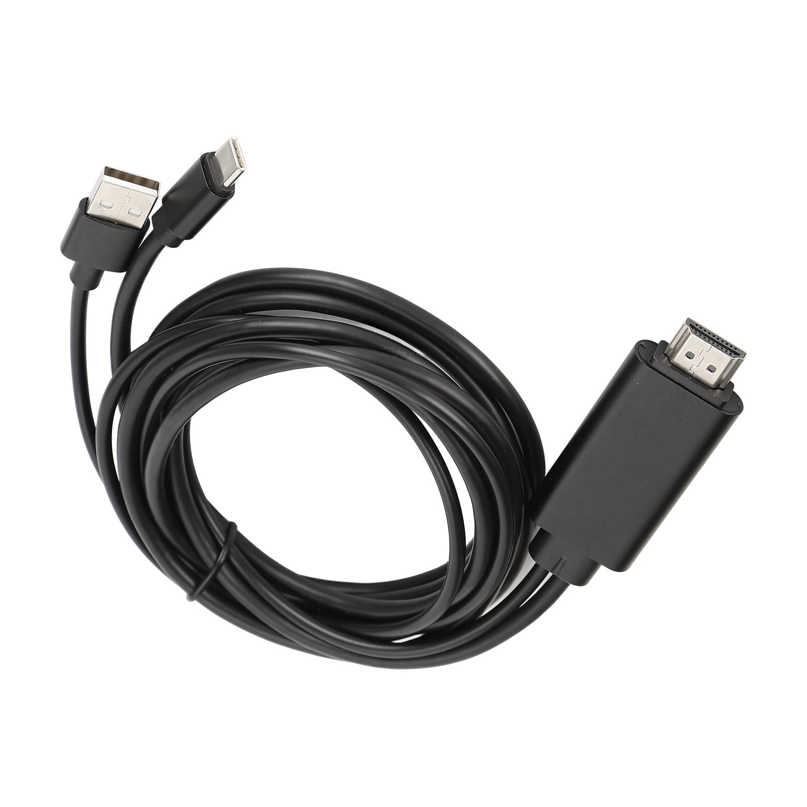 Ein schwarzes HDMI-Kabel mit USB- und USB-C-Anschlüssen. Es ist aufgerollt. Der Hintergrund ist weiß.