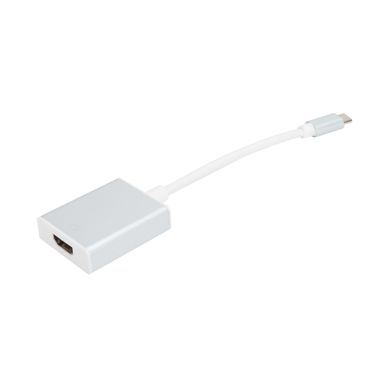 Ein silberner HDMI-Adapter mit weißem Kabel. Der Adapter hat einen USB-C-Anschluss an einem Ende und einen HDMI-Anschluss am anderen.