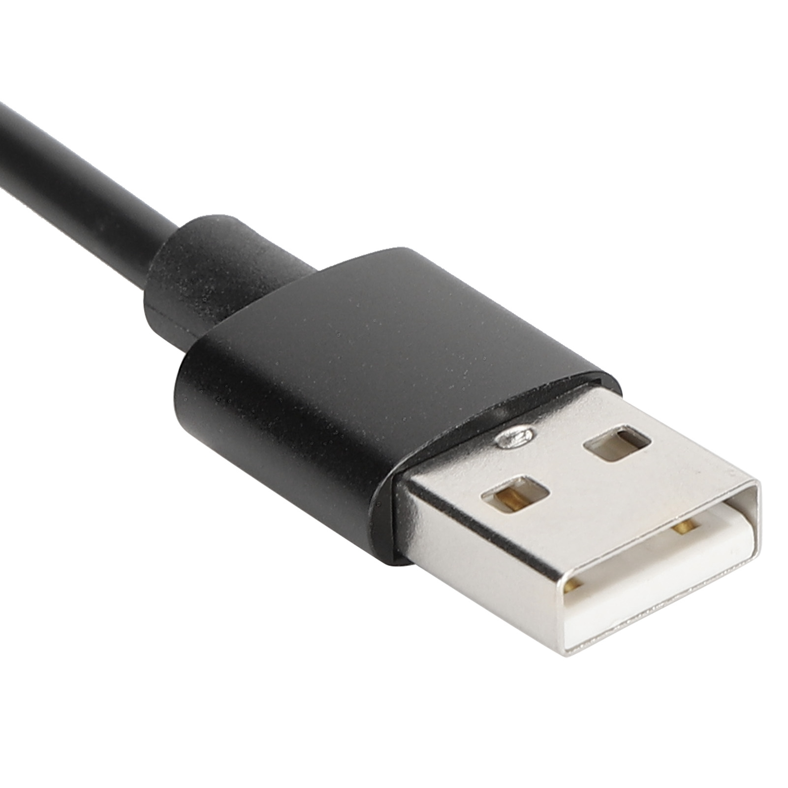 Nahaufnahme eines schwarzen USB-Kabels mit USB-A-Anschluss. Das Kabel befindet sich auf weißem Hintergrund.