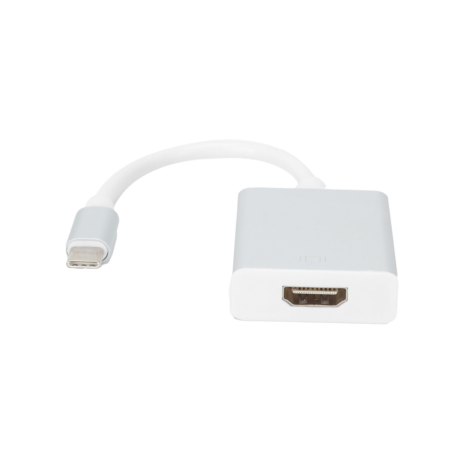 Ein weißer USB-C-zu-HDMI-Adapter. Er hat einen silbernen USB-C-Anschluss und ein weißes Kabel zu einem silbernen HDMI-Anschluss.