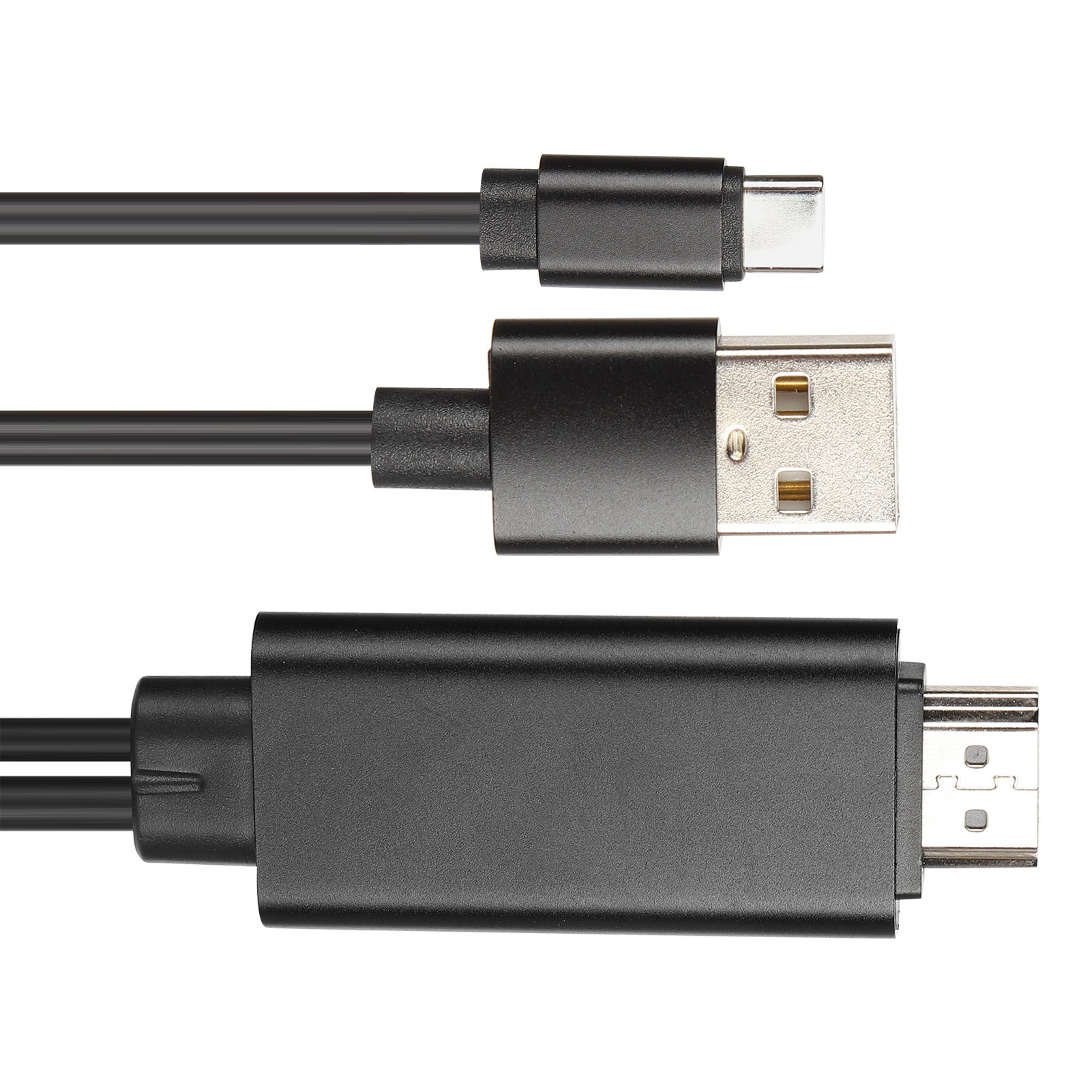 Drei schwarze Kabel mit verschiedenen Anschlüssen: USB-C, USB und HDMI, vor weißem Hintergrund.