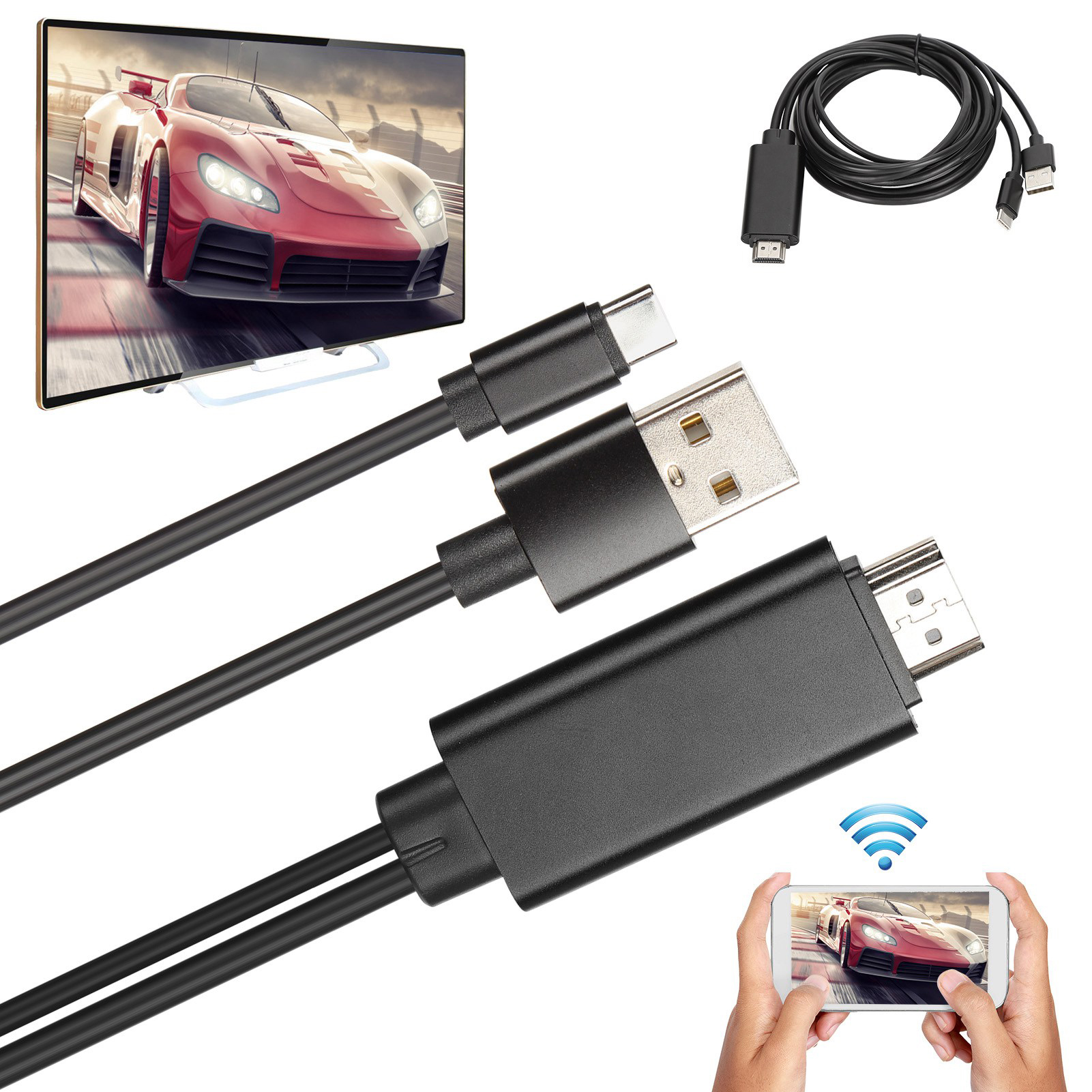 Das Bild zeigt Kabel mit verschiedenen Anschlüssen, einen Fernseher mit einem roten Sportwagen und ein Telefon, das dasselbe Bild per WLAN spiegelt.
