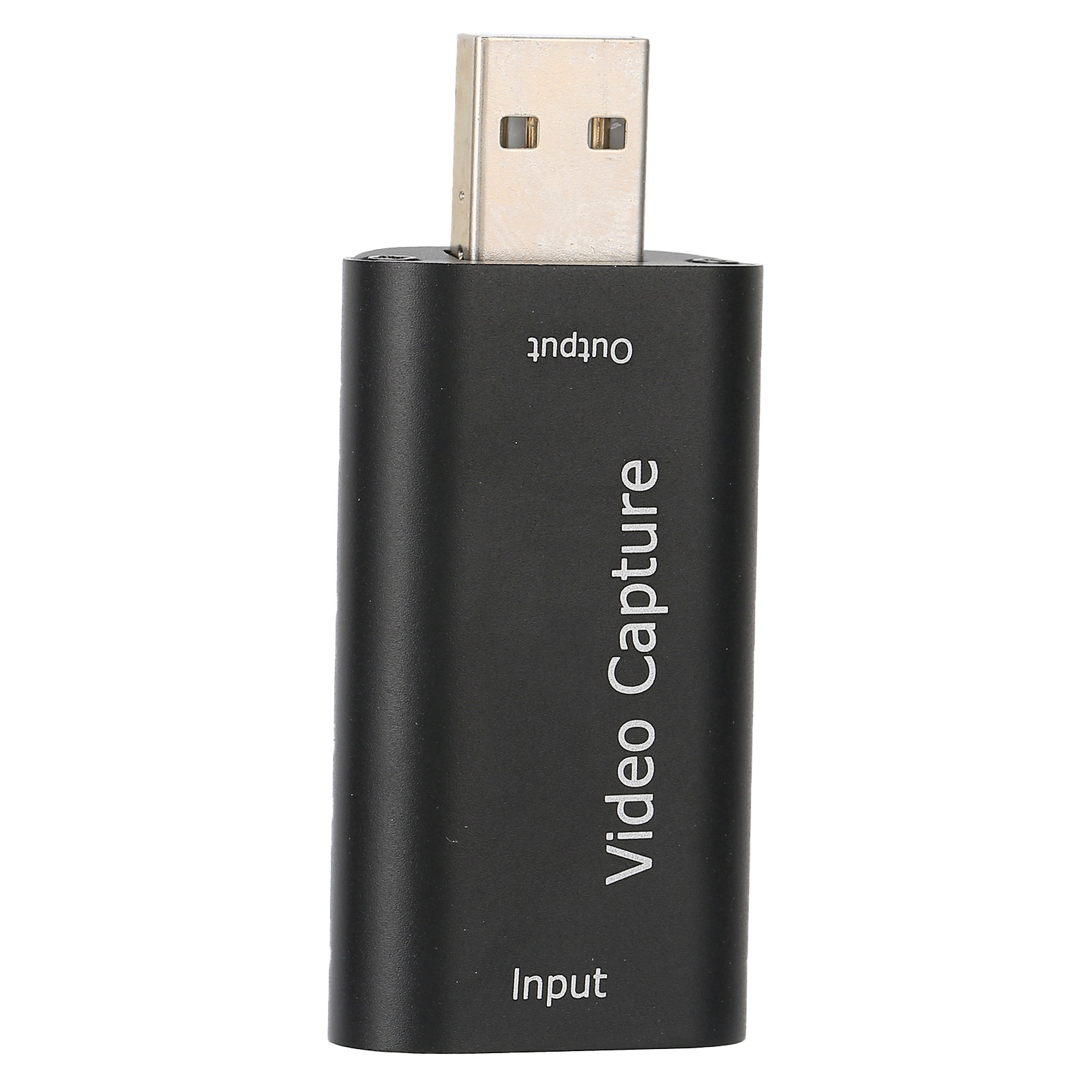 Ein schwarzes Videoaufnahmegerät mit USB-Anschluss. Beschriftet mit 'Output' und 'Input'. Text 'Video Capture' auch sichtbar.