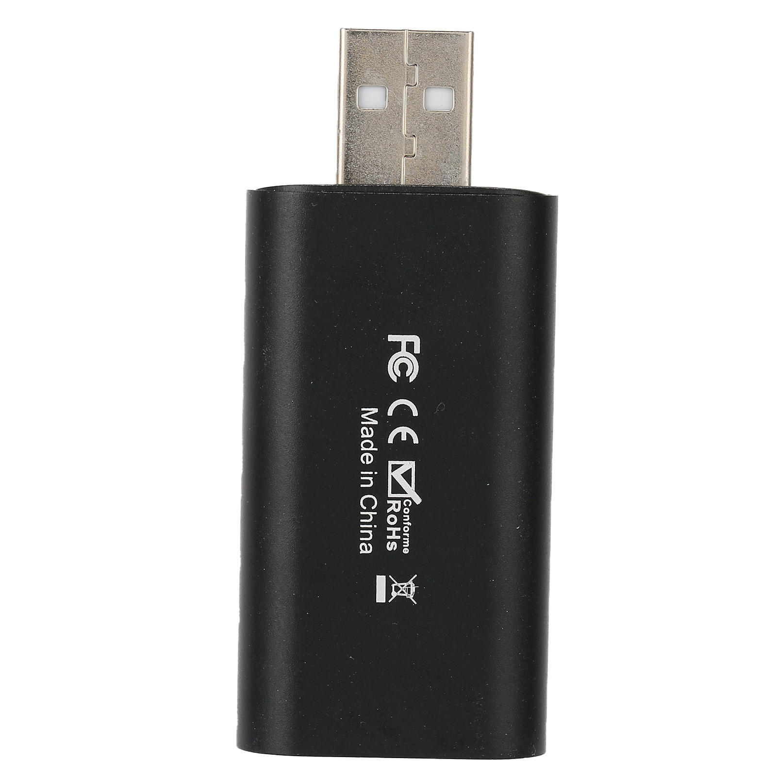 Ein schwarzer USB-Adapter mit einem silbernen USB-Anschluss. Er hat Aufdrucke: FC, CE, Made in China und RoHS.