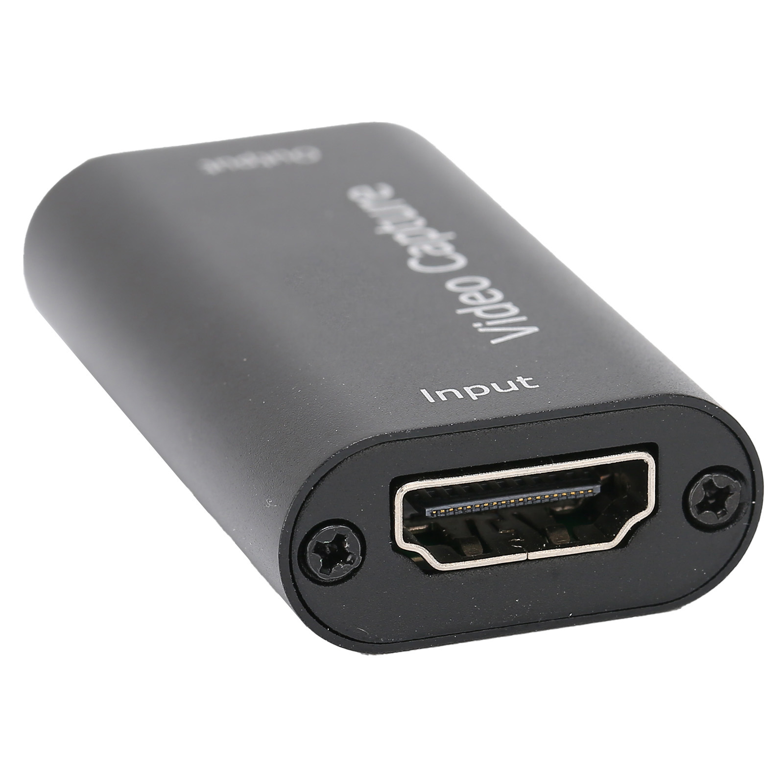 Ein schwarzes Videoaufnahmegerät mit HDMI-Eingang wird auf einer weißen Oberfläche angezeigt. Der Text lautet 'Video Capture Input'.