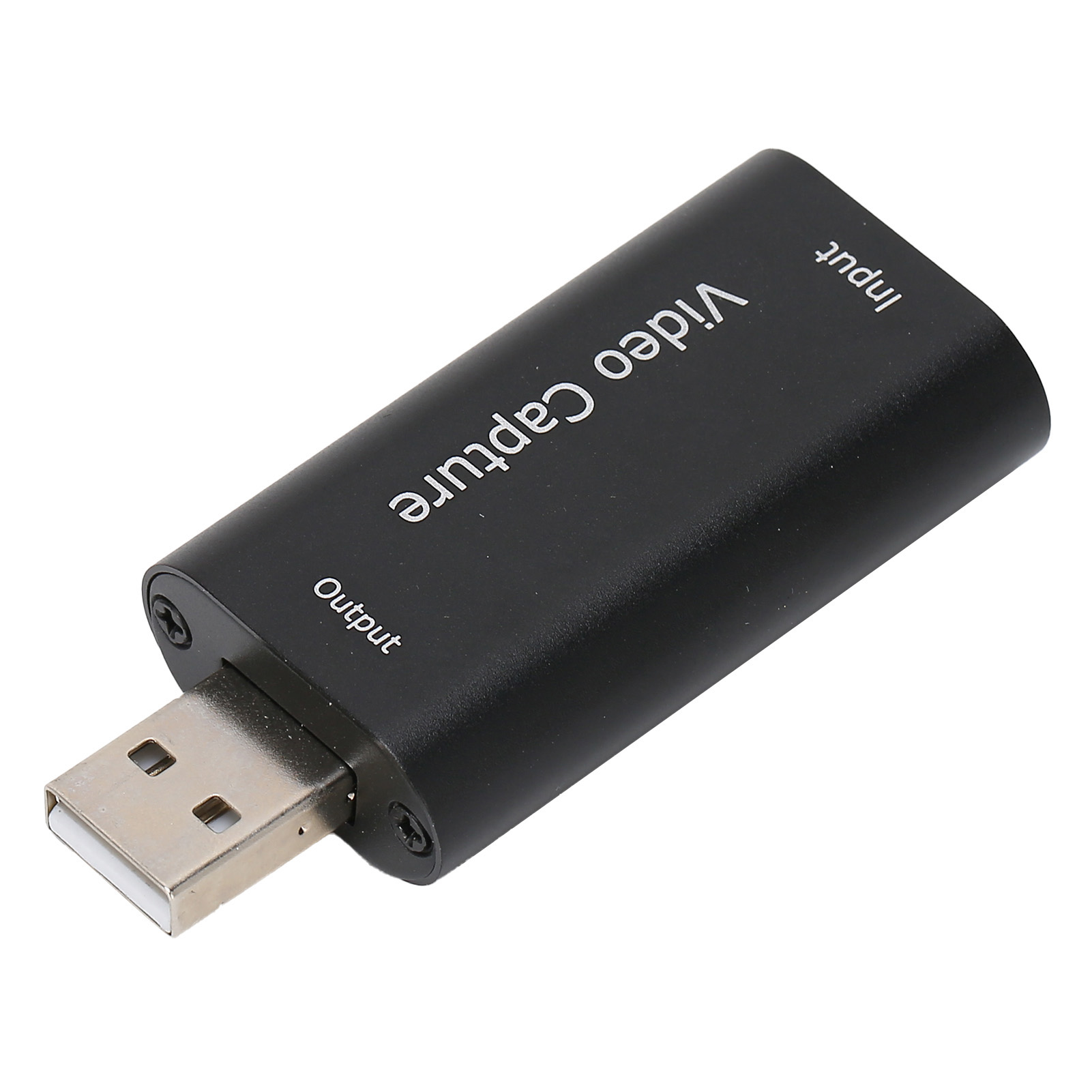 Ein schwarzes Videoaufnahmegerät mit USB-Anschluss. Auf dem Gerät steht 'Video Capture', 'Input' und 'Output'.