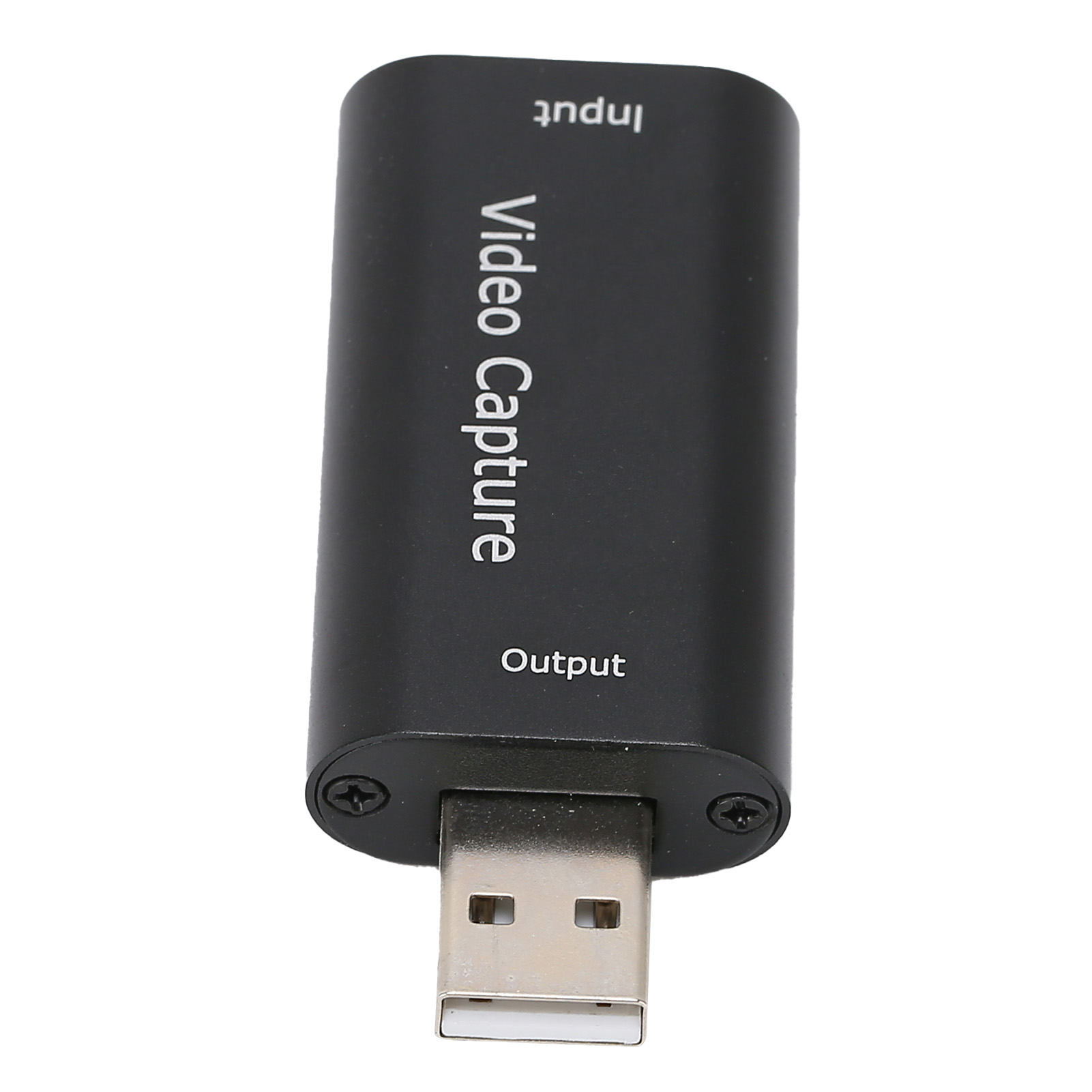 Ein schwarzes Videoaufnahmegerät mit USB, beschriftet mit 'Input' und 'Output'. Weißer Hintergrund.