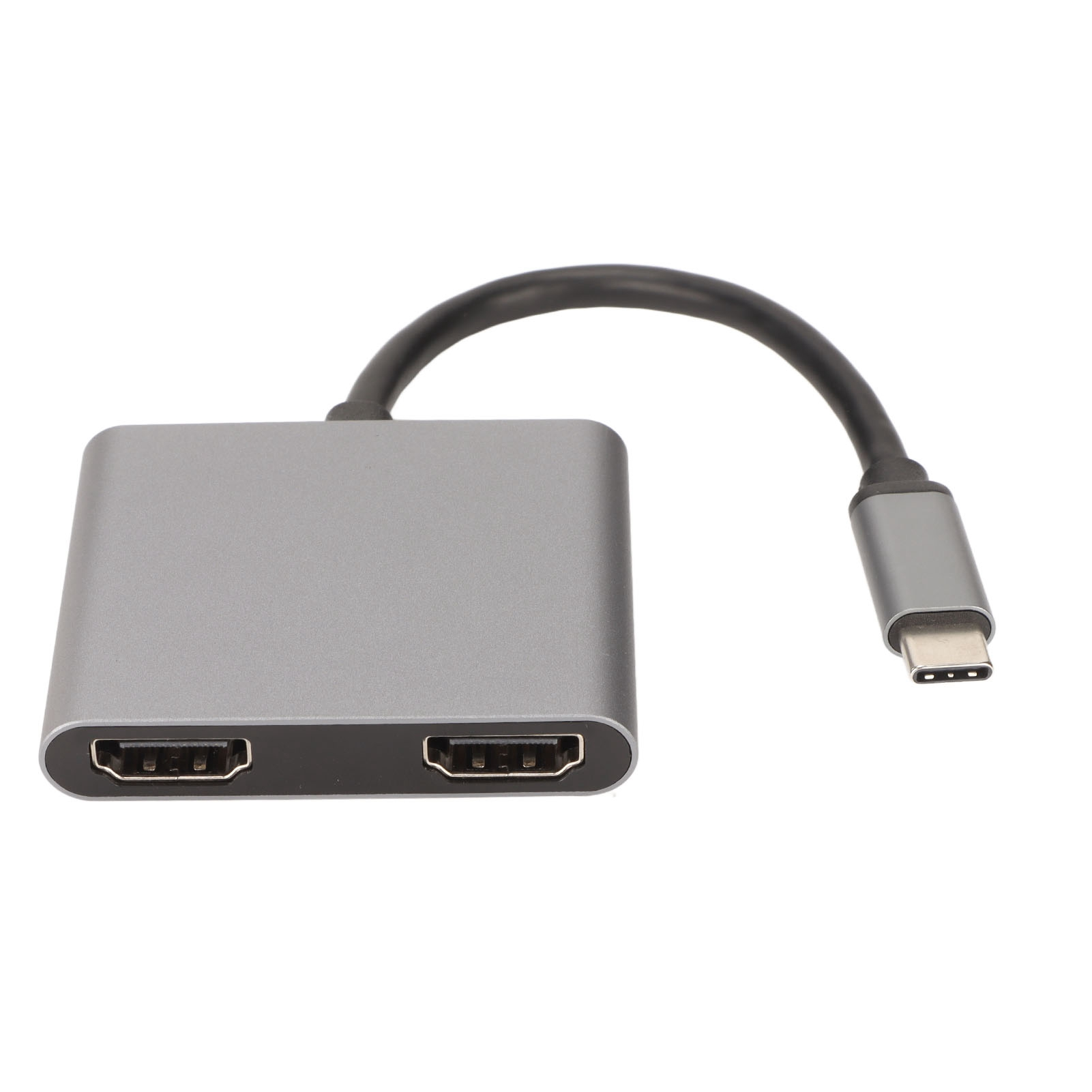 Ein grauer HDMI-Adapter mit zwei Anschlüssen, einem schwarzen Kabel und einem USB-C-Anschluss auf weißem Hintergrund.