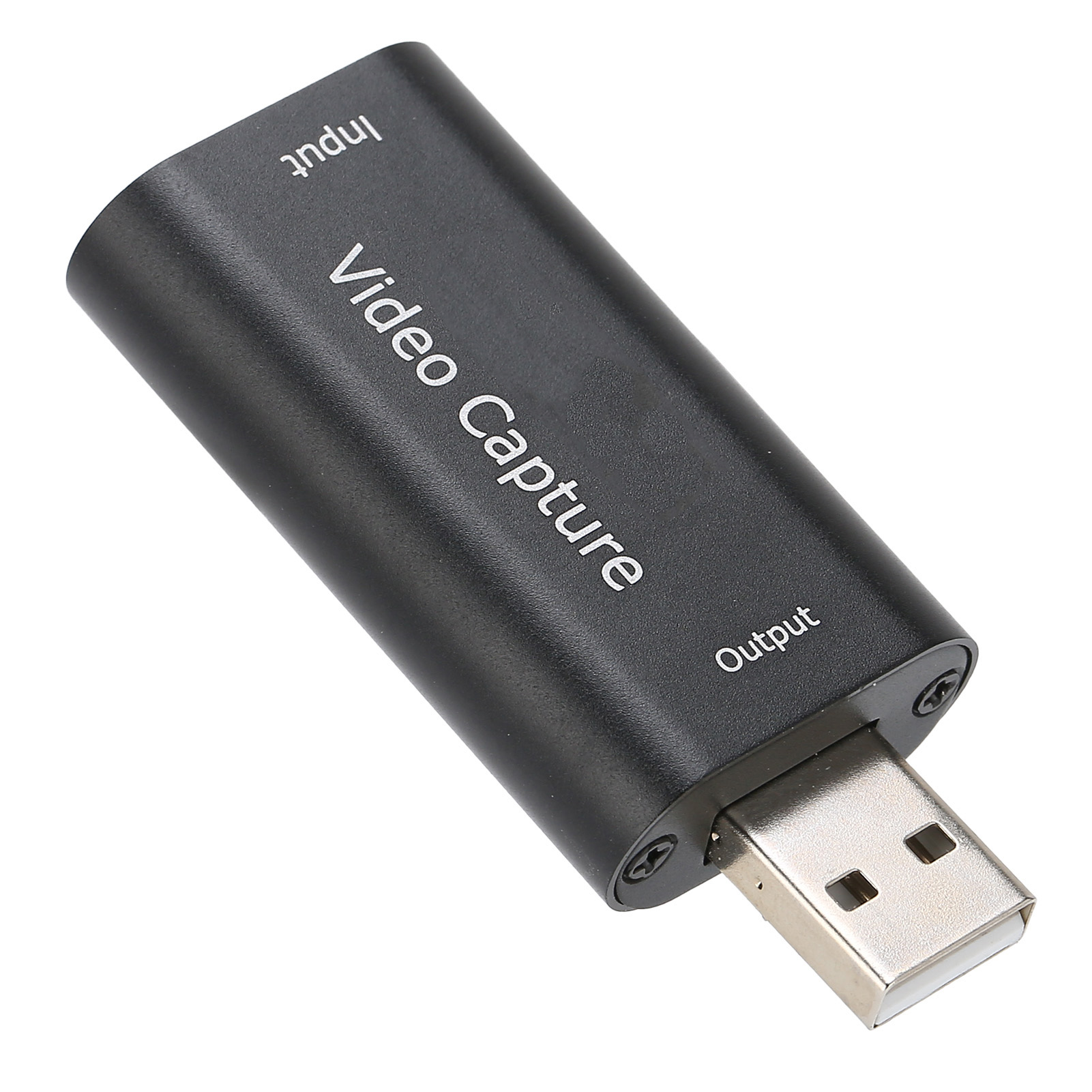 Ein schwarzes Videoaufnahmegerät mit den Aufschriften Input und Output. Es hat einen USB-Anschluss.