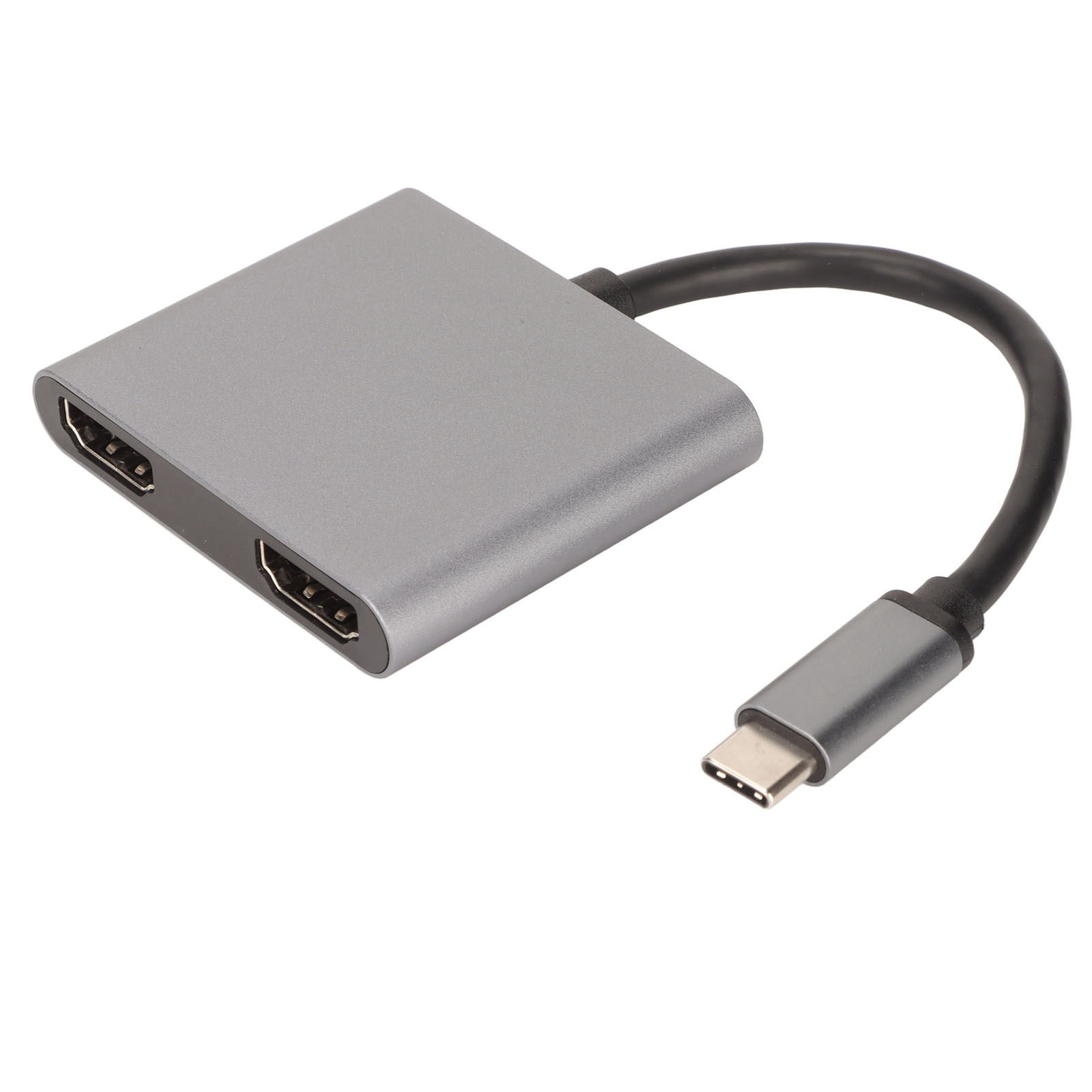 Ein grauer HDMI-Adapter mit zwei Anschlüssen und einem USB-C-Anschluss. Ein schwarzes Kabel verbindet den Adapter mit dem USB-C-Ende.