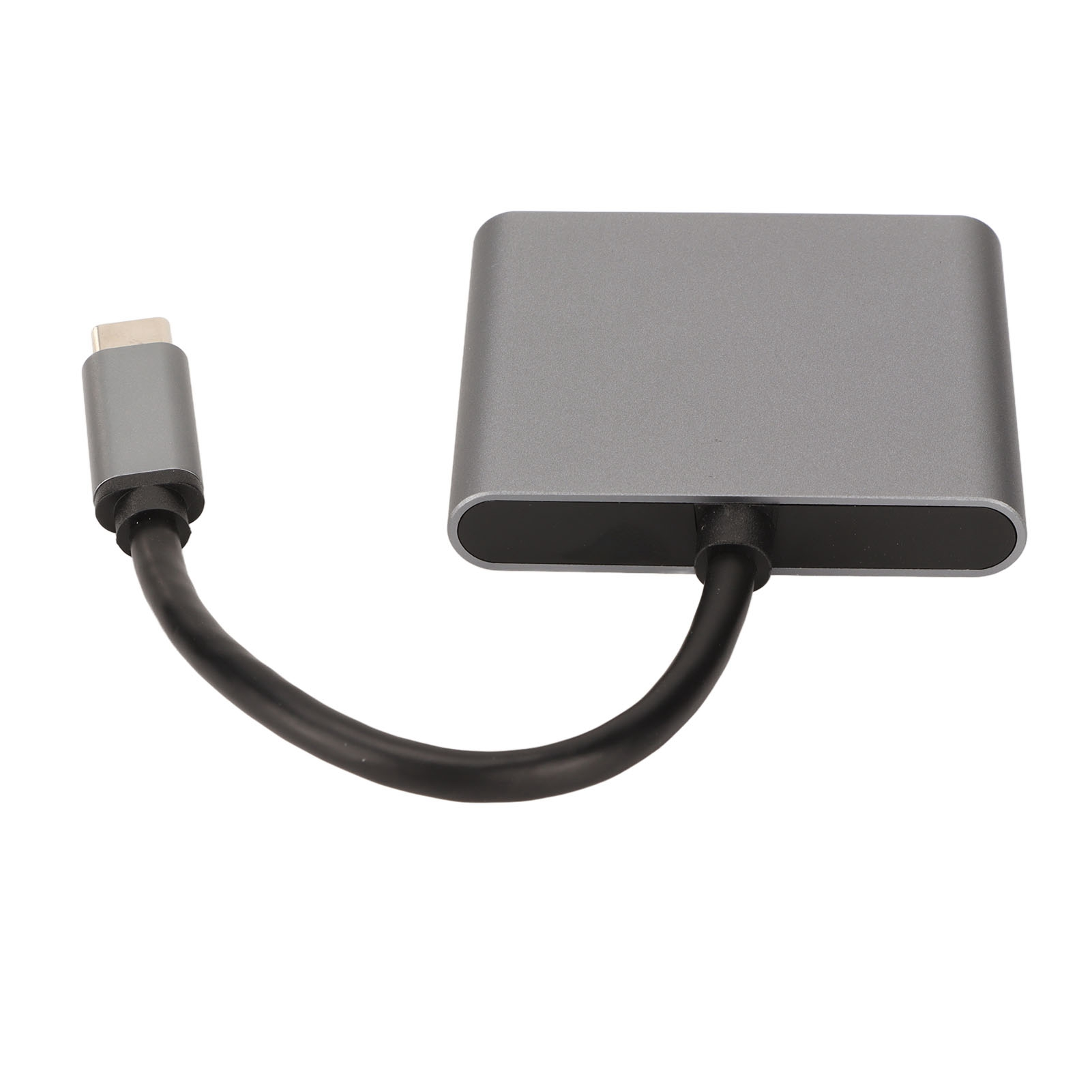 Ein grauer USB-C-Hub mit schwarzem Kabel und USB-C-Anschluss. Der Hub ist rechteckig mit abgerundeten Kanten.