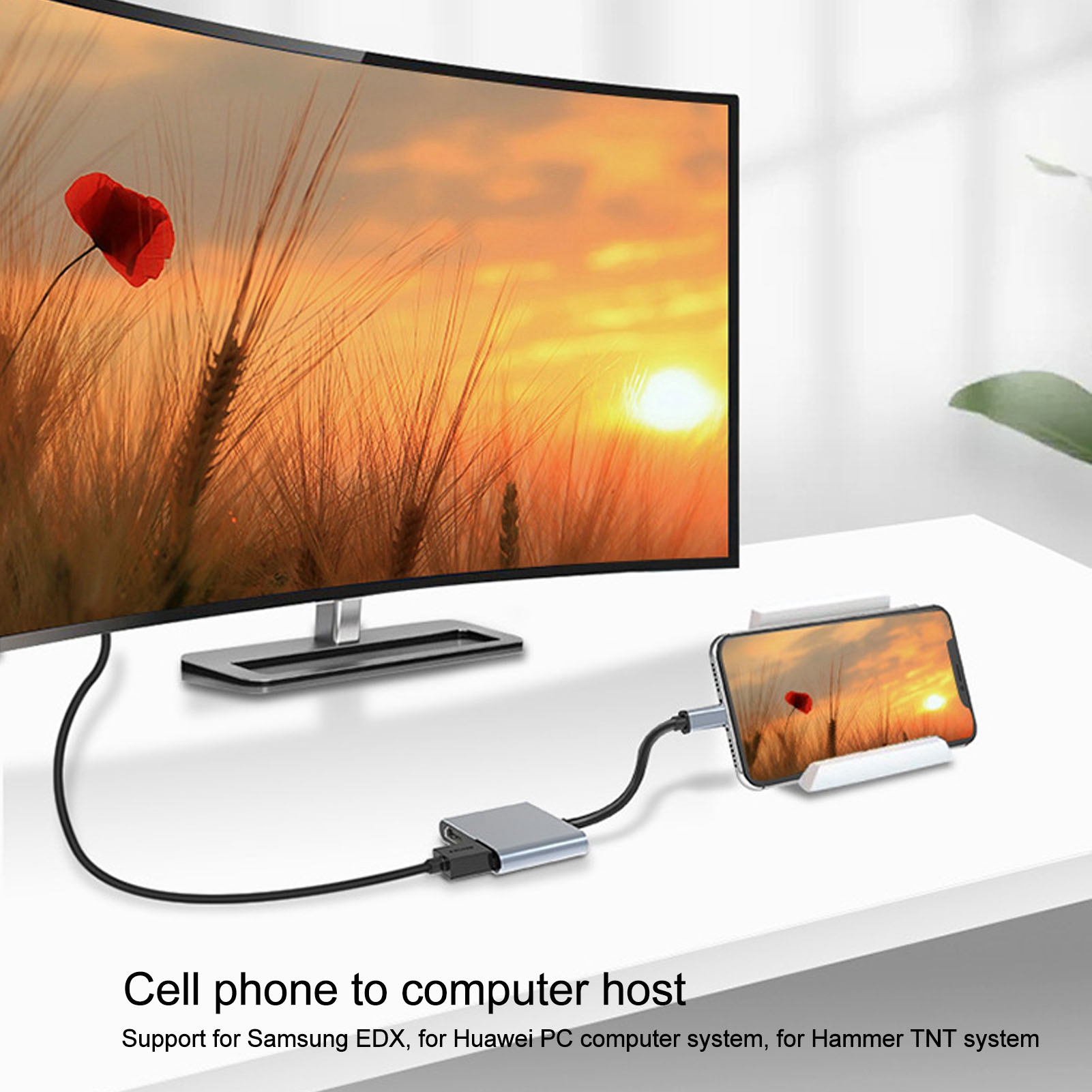 Ein gebogener Monitor zeigt eine Sonnenuntergangsszene. Ein Telefon ist über einen Hub damit verbunden. Text: Handy zum Computer-Host.