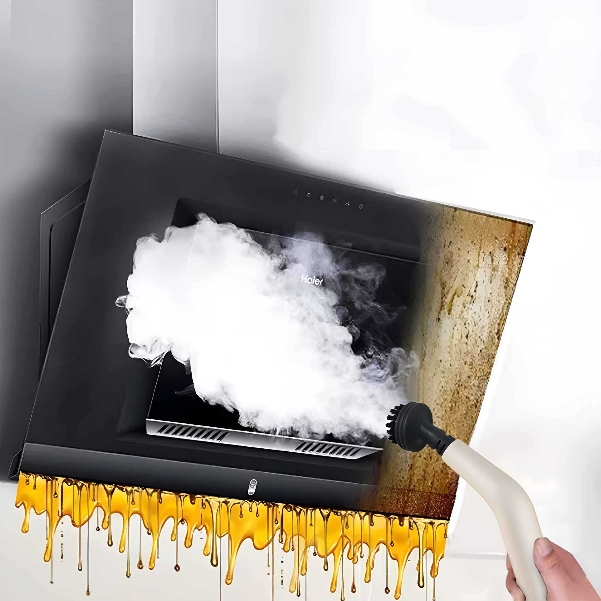 Ein schwarzer Dunstabzug mit Dampfreinigung. Gelbe Flüssigkeit tropft herunter. Eine Hand hält einen Dampfreiniger.