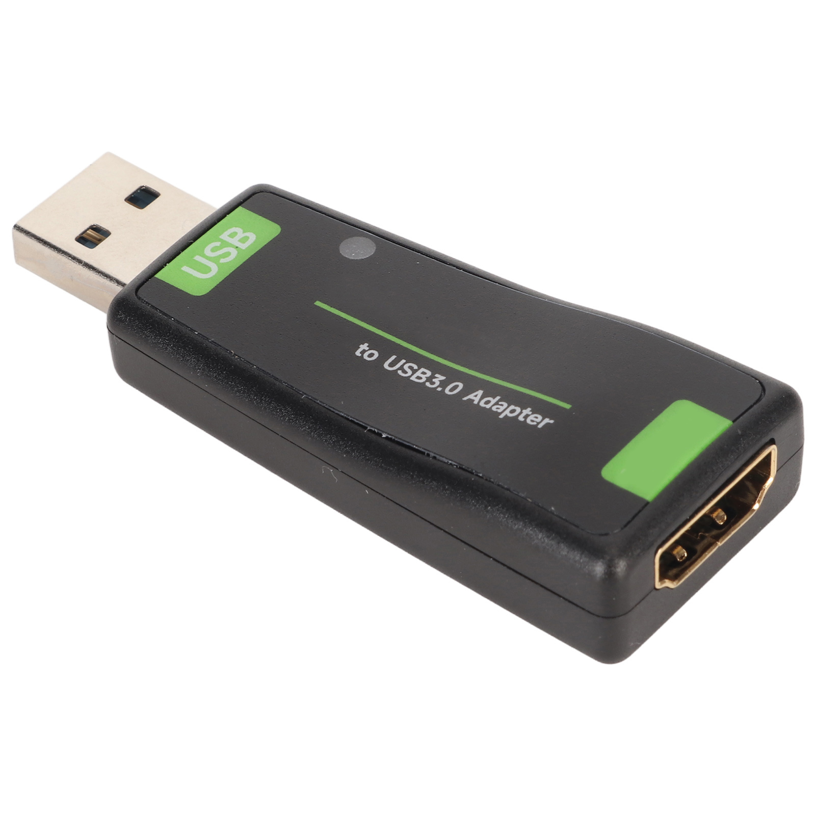Ein schwarzer USB-zu-USB-3.0-Adapter mit USB-Anschluss, grünen Akzenten und einem HDMI-Anschluss.