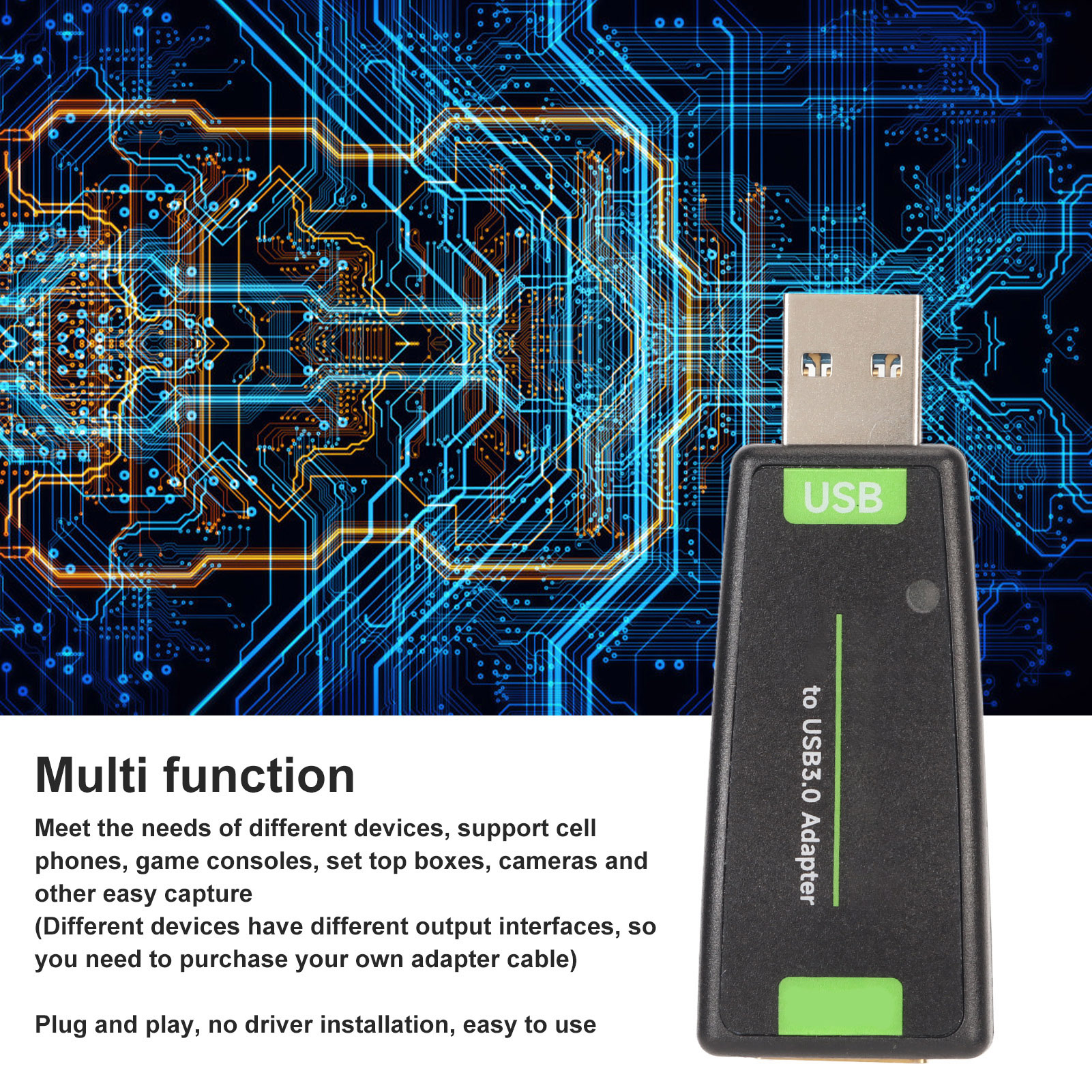 Ein USB-Adapter mit grünem USB-Label und schwarzem Gehäuse. Der Hintergrund zeigt ein blaues und oranges Leiterplattenmuster.