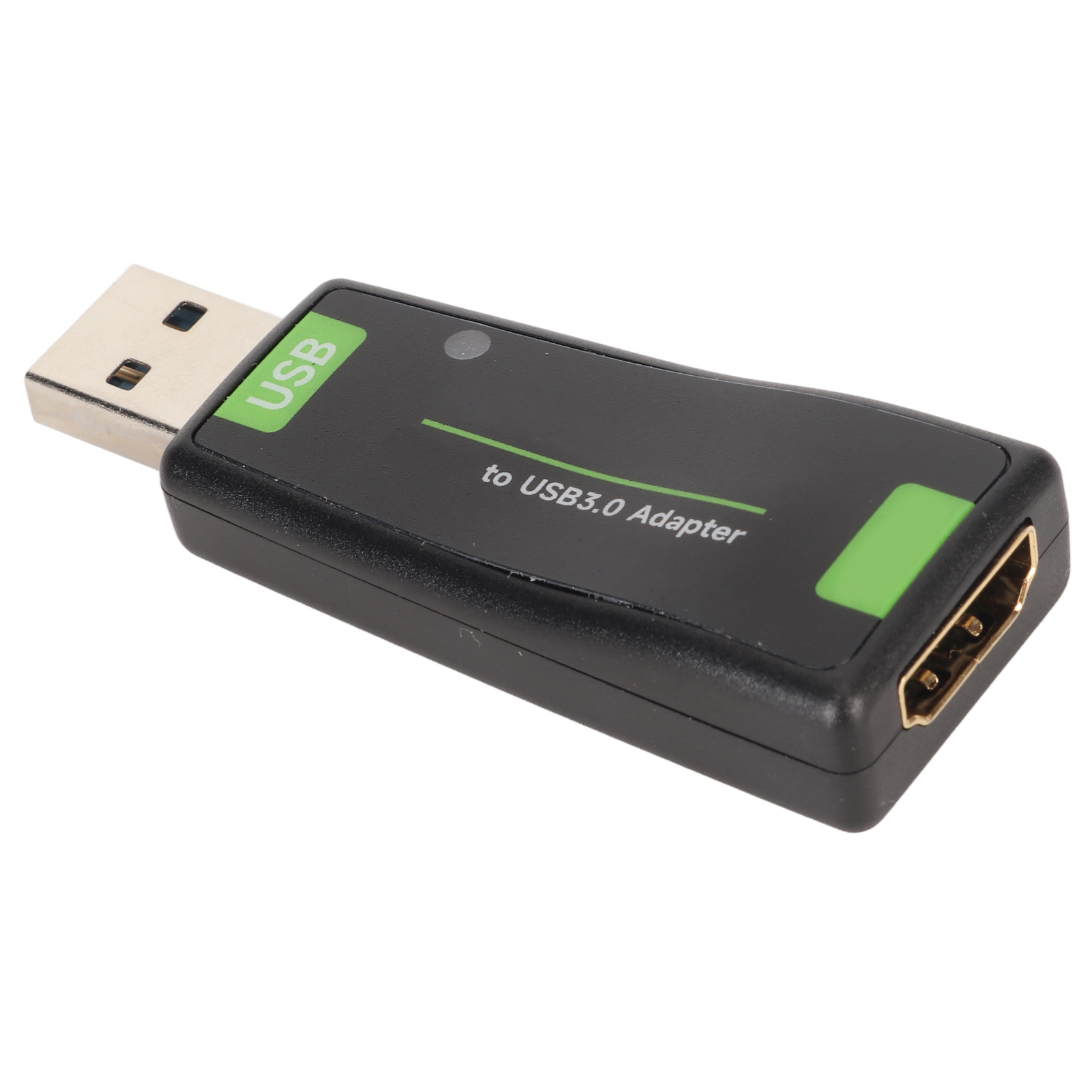 Schwarzer USB-zu-USB3.0-Adapter mit grünen Akzenten. Der Adapter hat einen USB-Anschluss und einen HDMI-Anschluss.