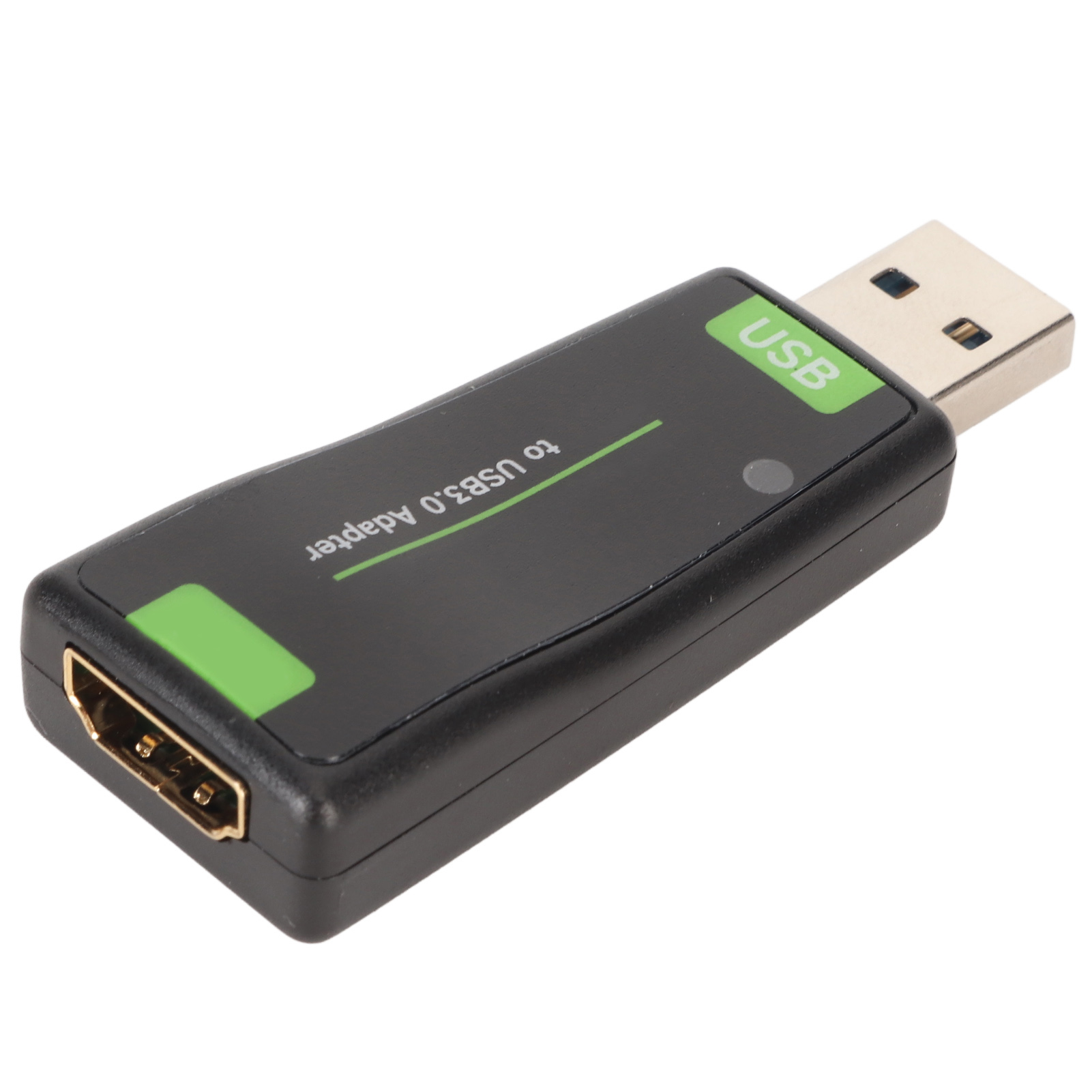 Schwarzer USB-Adapter mit grünen Akzenten und USB 3.0-Aufschrift. Mit HDMI-Anschluss. Weißer Hintergrund.