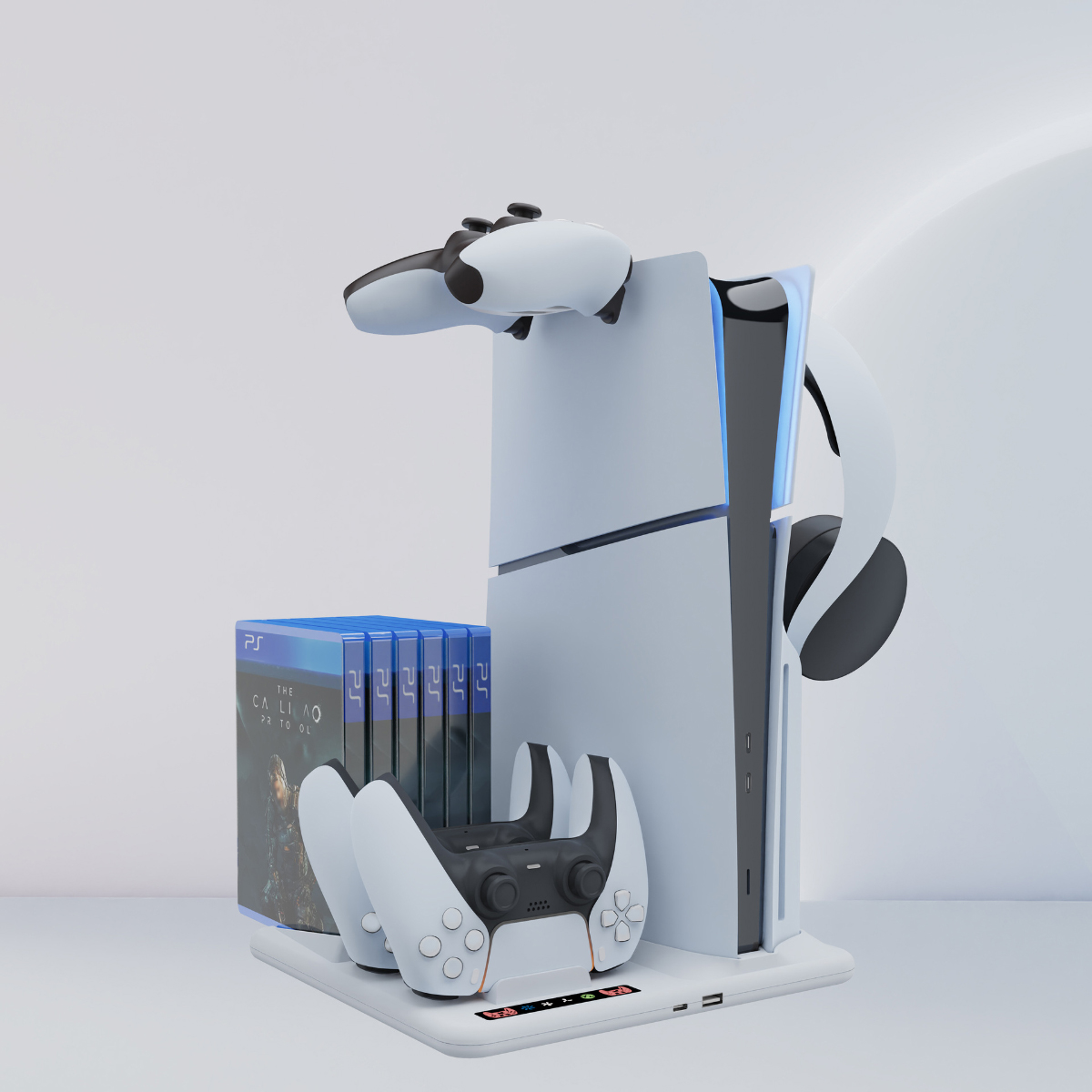 Ein PlayStation 5-Setup mit Konsole, Controllern, Spielen und Headset. Alles weiß und schwarz. Spiele sind in blauen Hüllen. Ein sauberes, helles Setup.