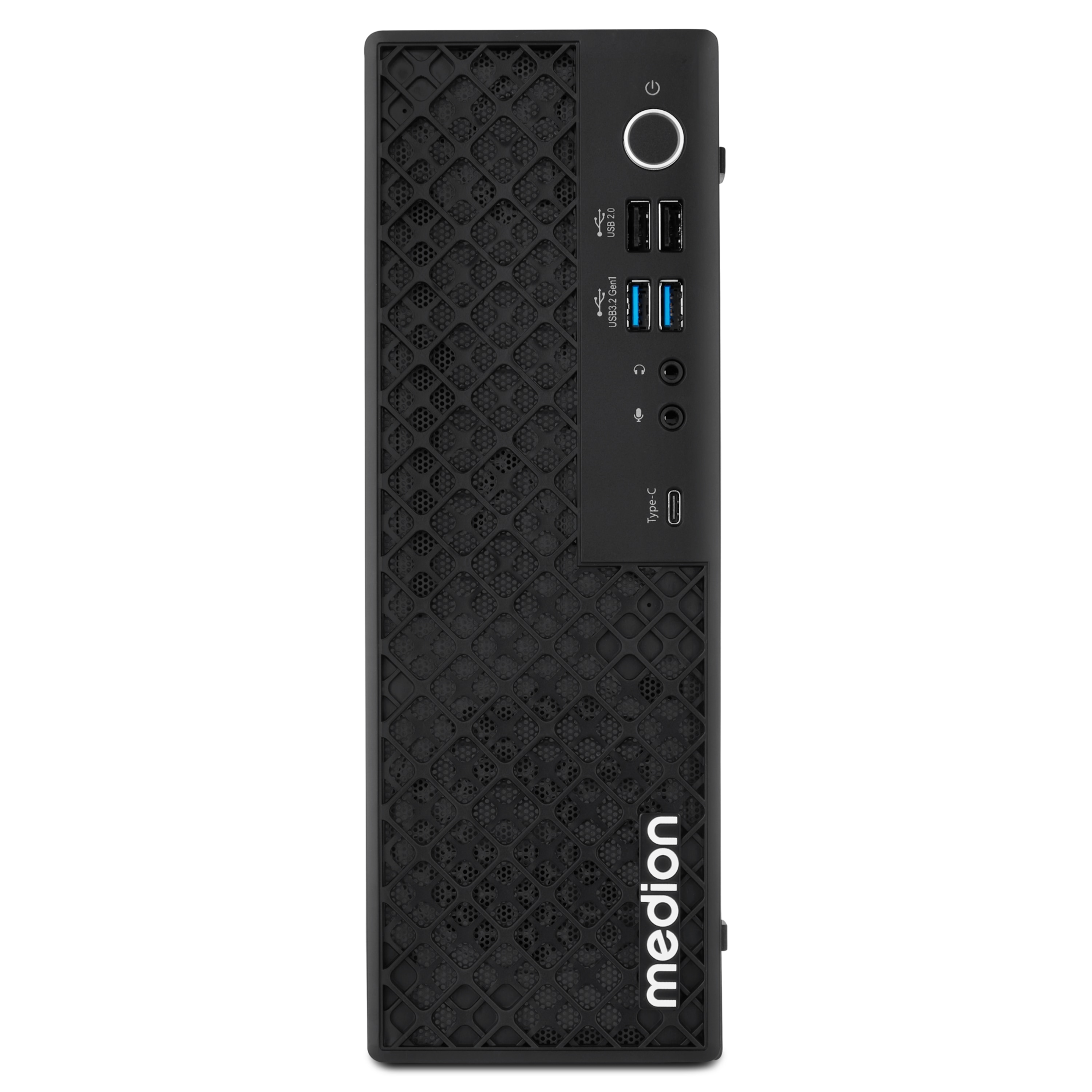 Computer desktop Medion nero. Pannello frontale con pulsante di accensione, porte USB, jack audio e porta di tipo C.
