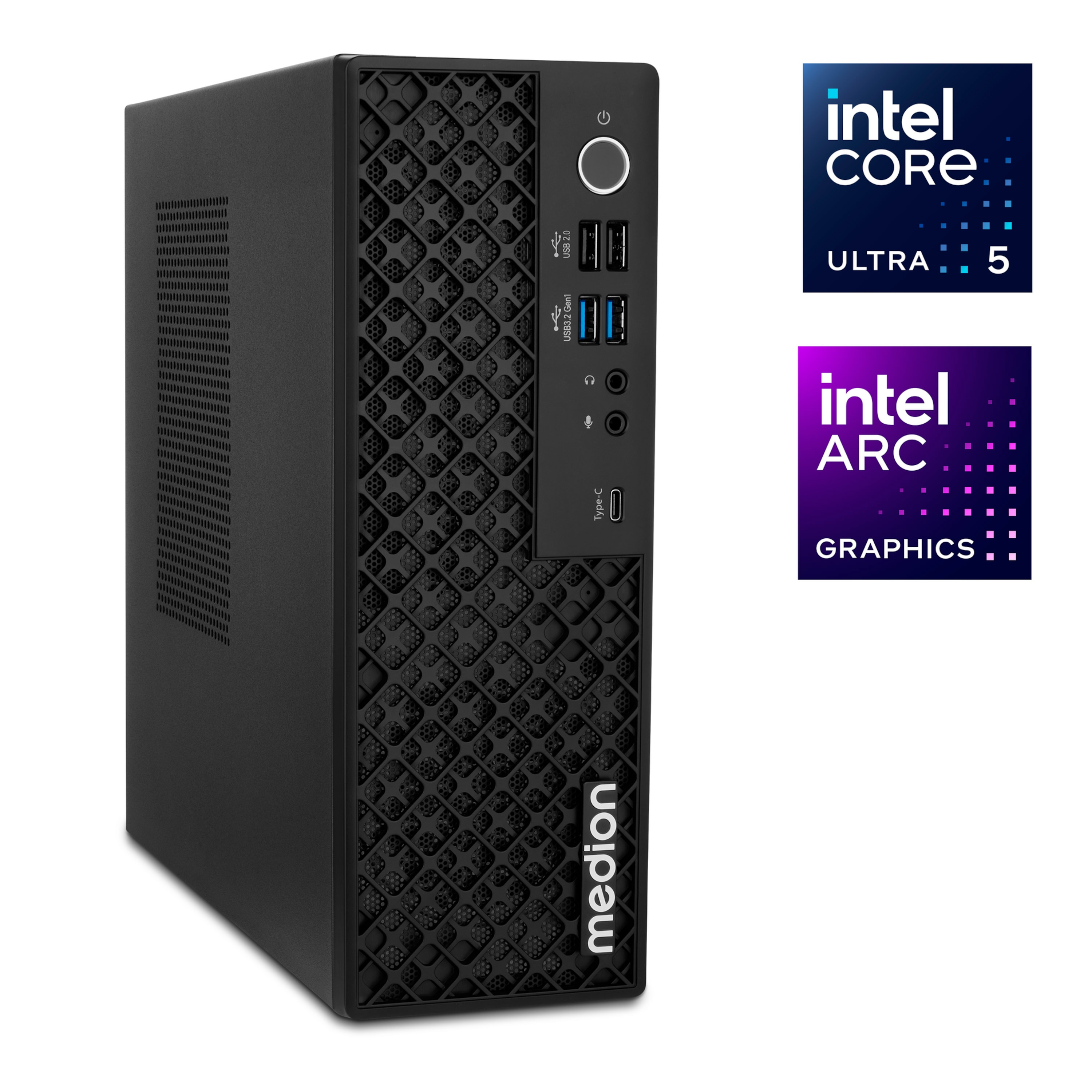 Schwarzer Medion PC-Tower. Enthält USB-Anschlüsse, Ein-/Aus-Taste und Intel Core Ultra 5 und ARC Graphics Logos.