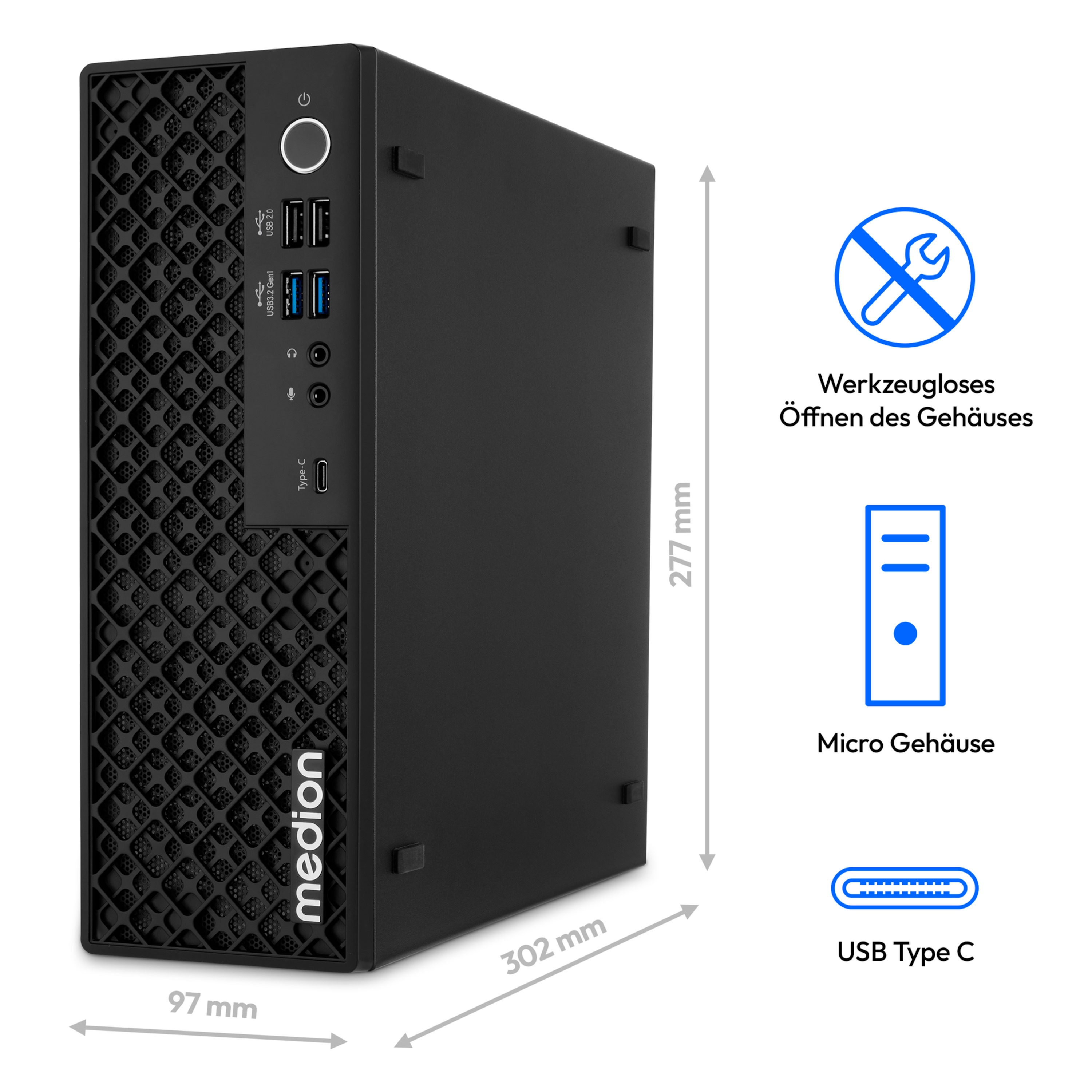Schwarzer Medion-PC mit Abmessungen, Anschlüssen und Symbolen für werkzeugloses Öffnen, Micro-Gehäuse und USB Typ C.