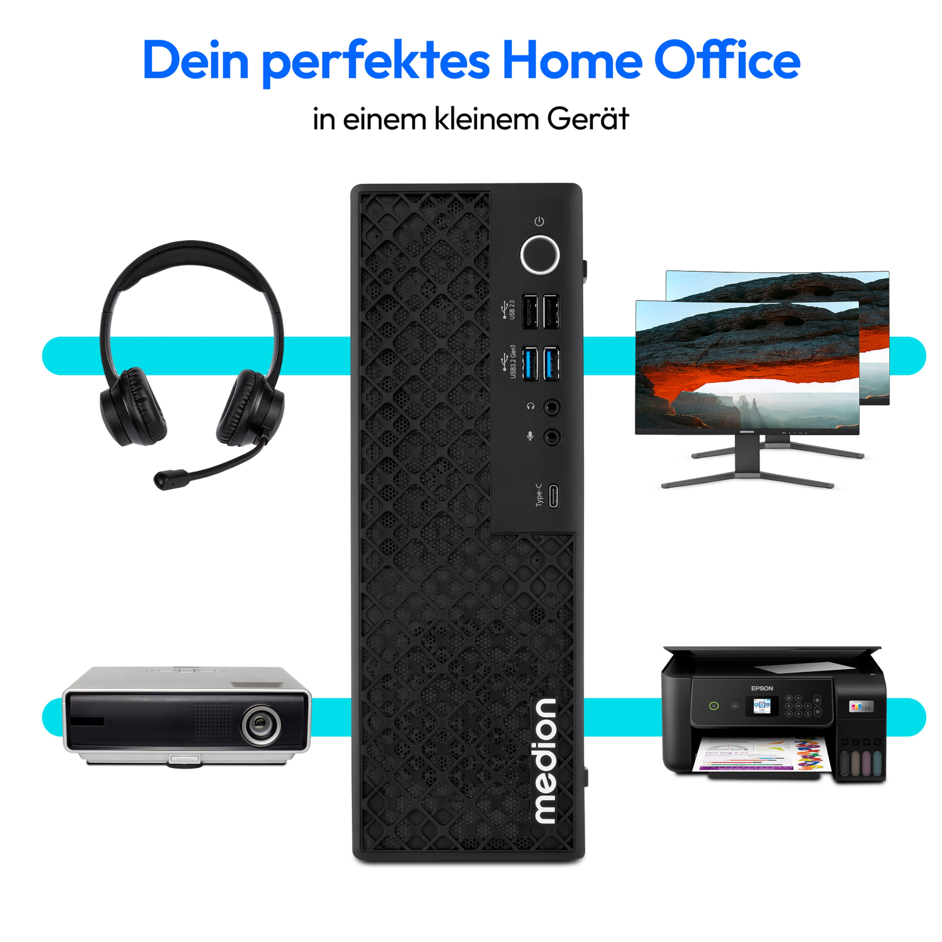 L'immagine mostra una configurazione di ufficio domestico con un computer, monitor, cuffie, proiettore e stampante.